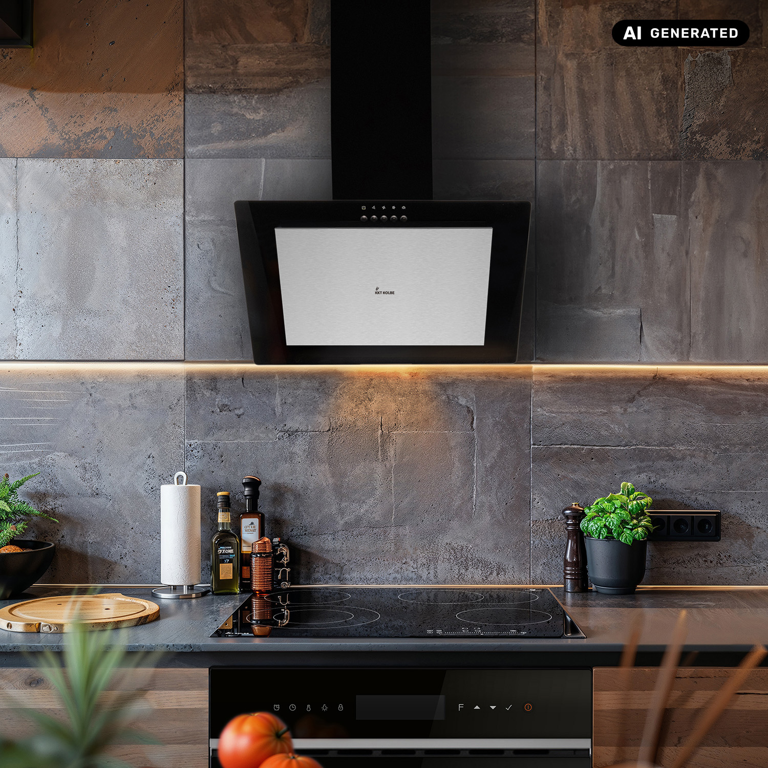Cucina moderna con cappa nera, piano cottura a induzione, erbe in vaso e paraschizzi in piastrelle grigie.