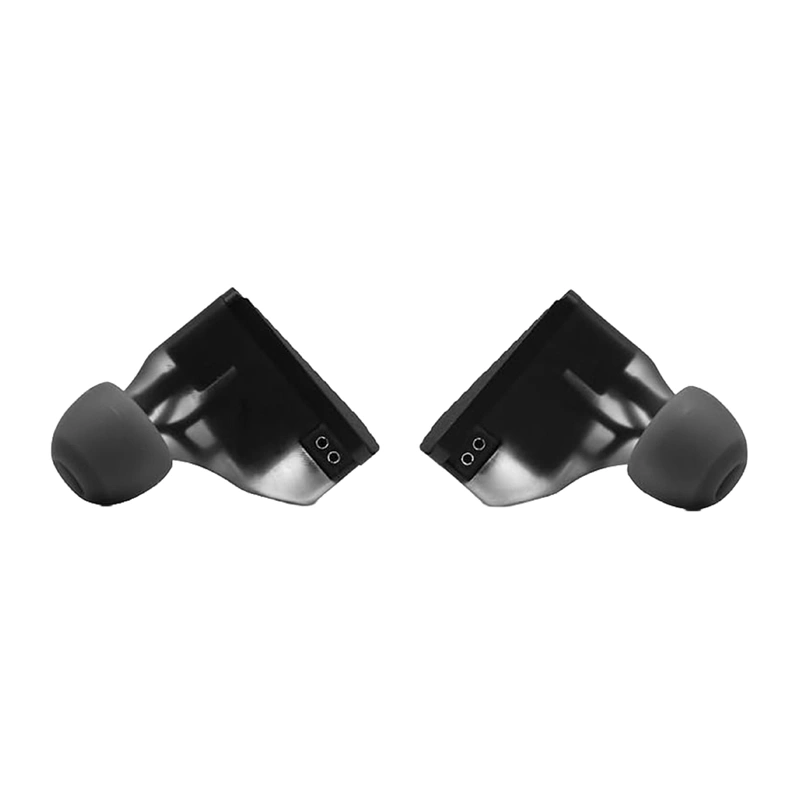 Dos auriculares intrauditivos negros con almohadillas de silicona gris sobre fondo blanco.