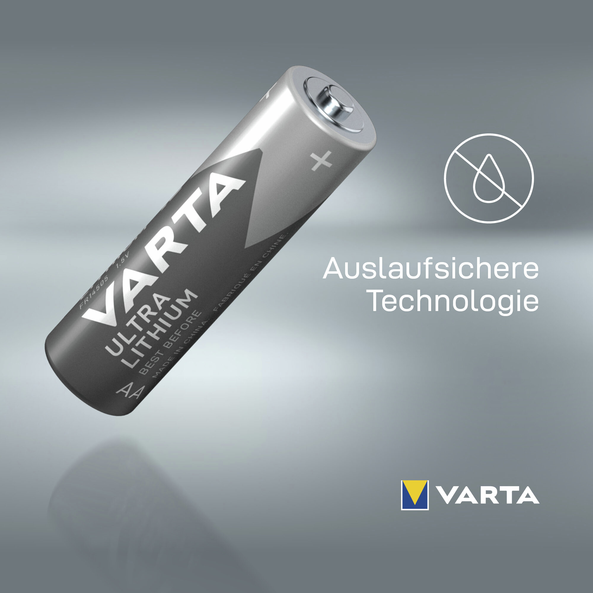 Una pila AA Varta Ultra Lithium gris con tecnología antifugas sobre un fondo gris.