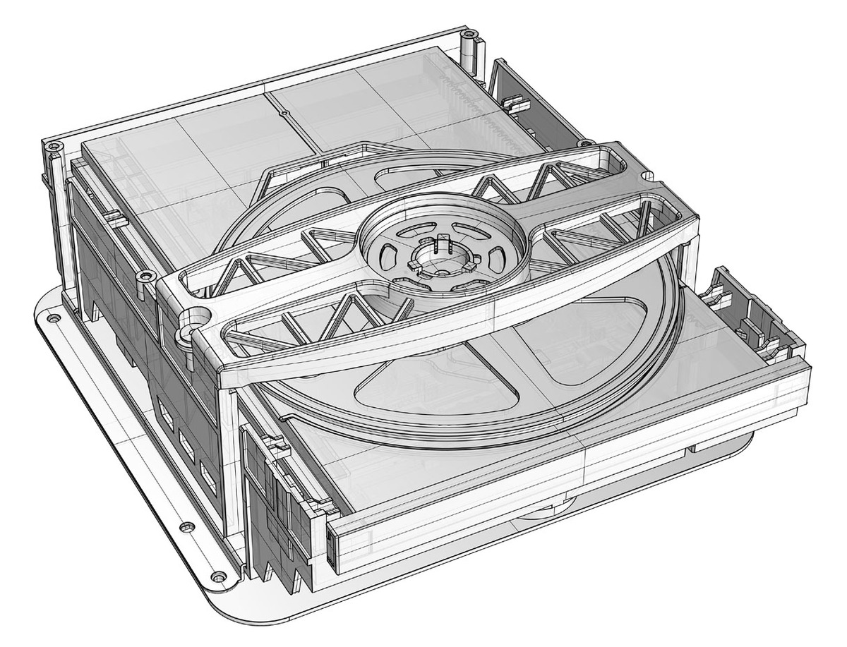 Un dibujo técnico en 3D de un dispositivo mecánico con un carrete circular central y un marco.