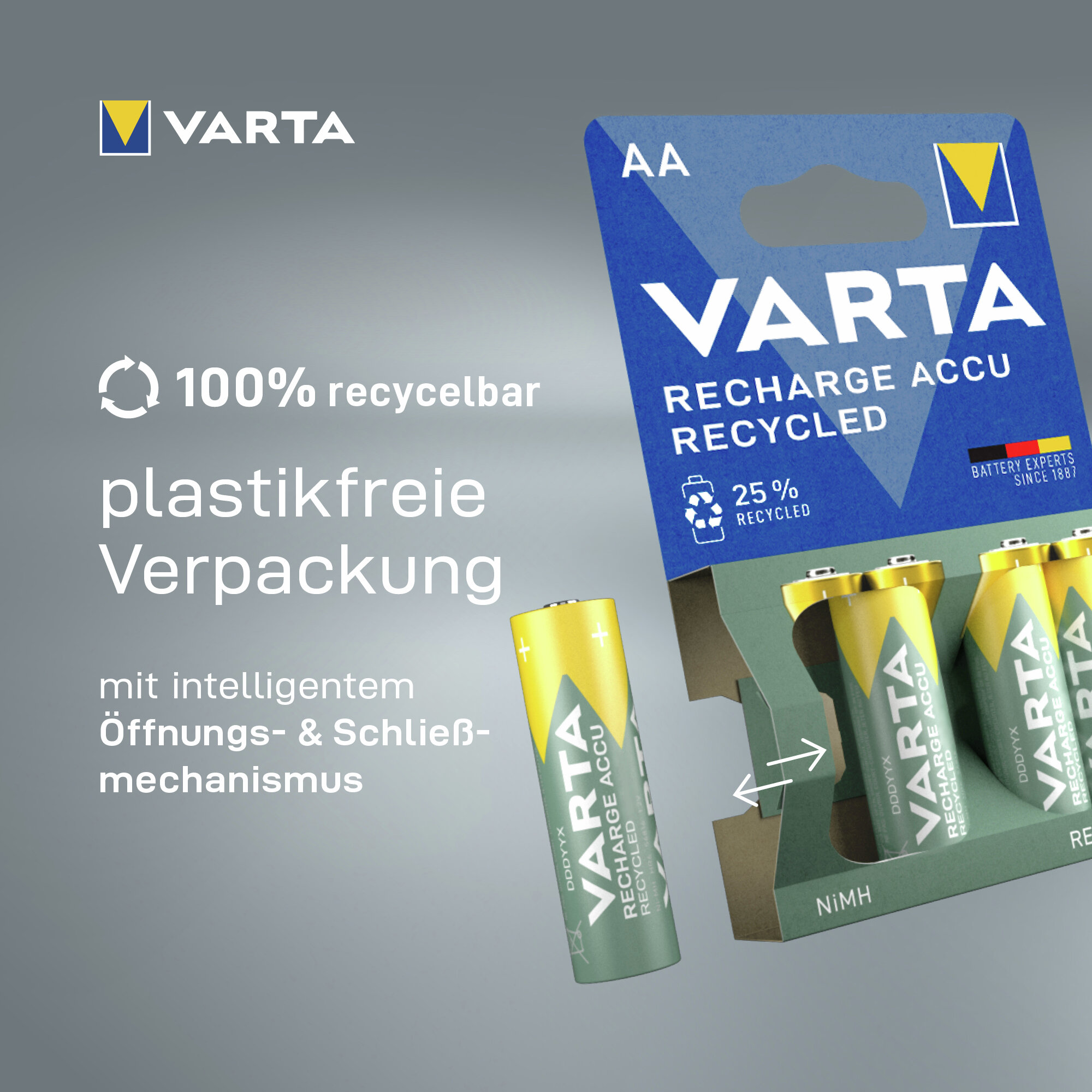 Batterie ricaricabili Varta AA in confezione senza plastica con materiali riciclati.
