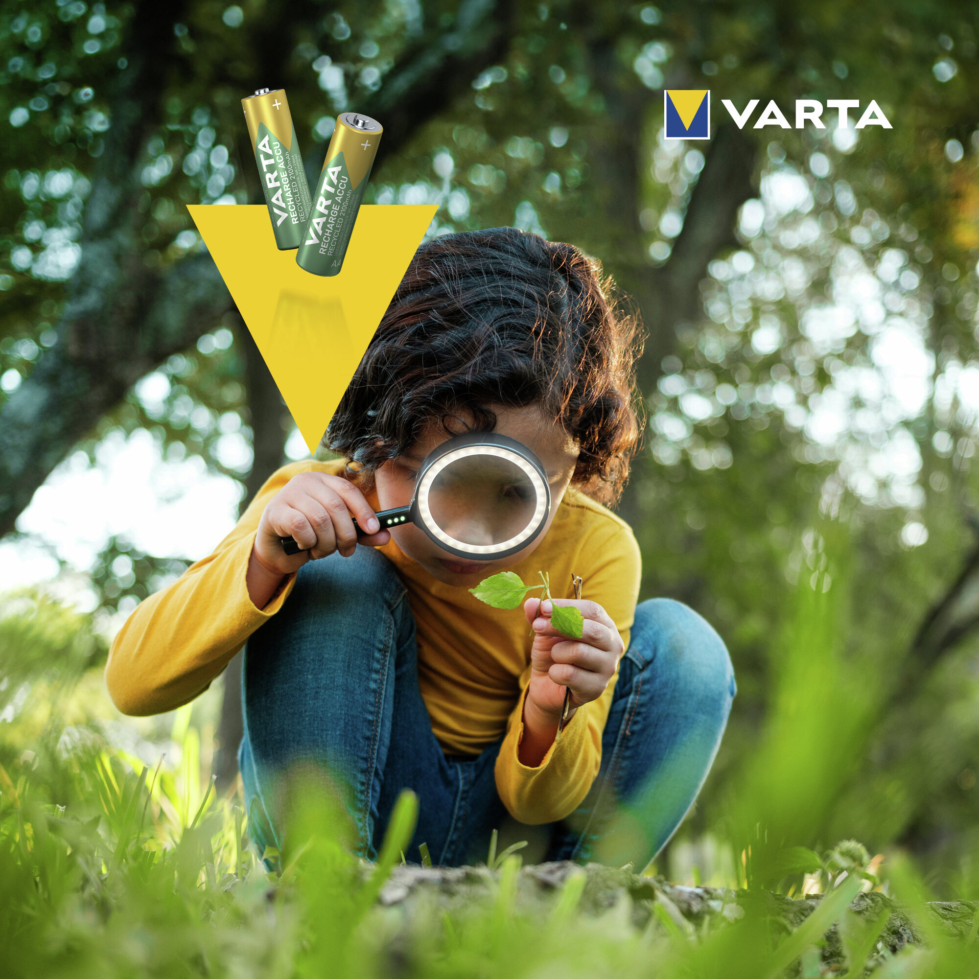 Un bambino esamina una foglia verde con una lente d'ingrandimento in un bosco, con batterie Varta.