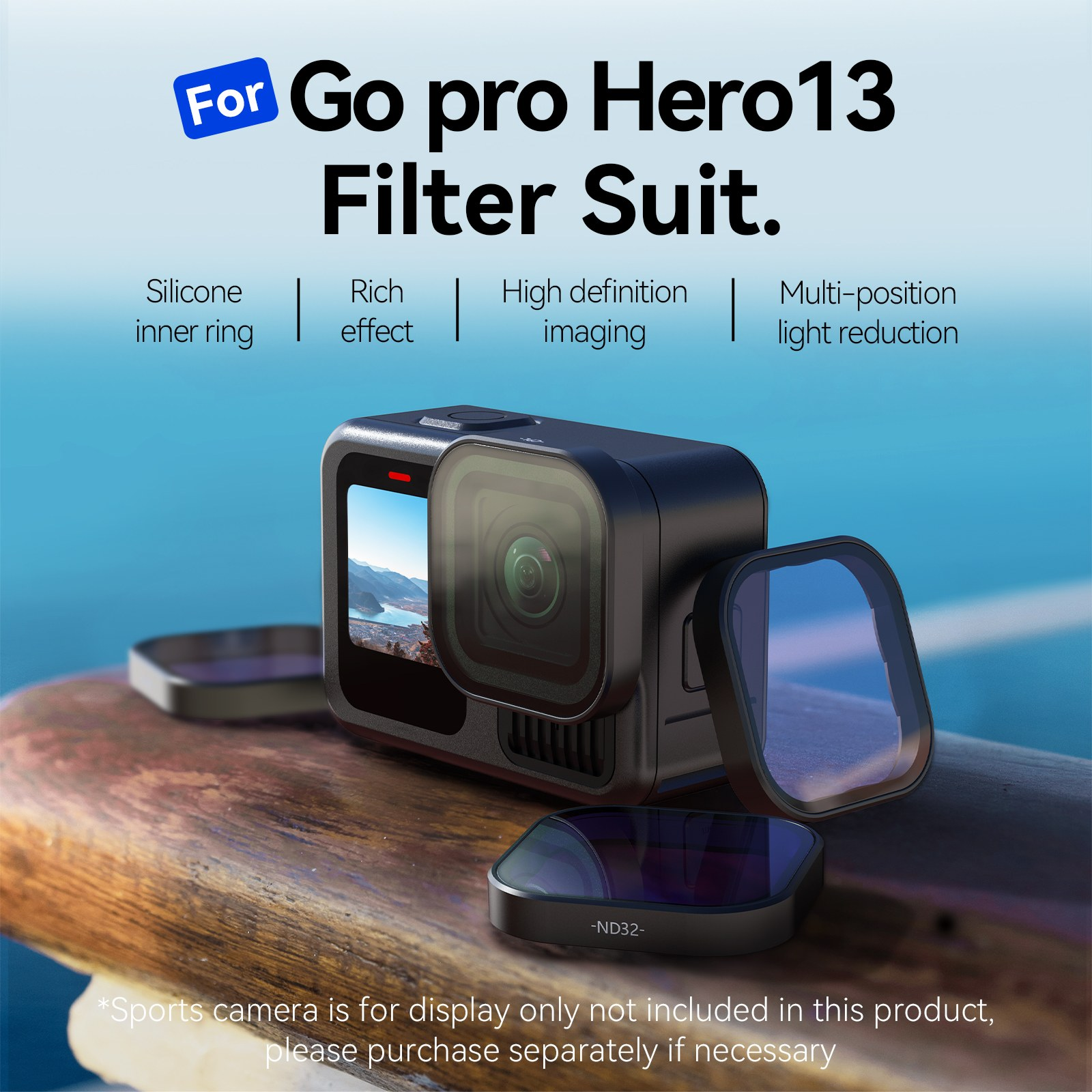 GoPro-actiecamera met filterset en functietekst tegen een blauwe achtergrond.