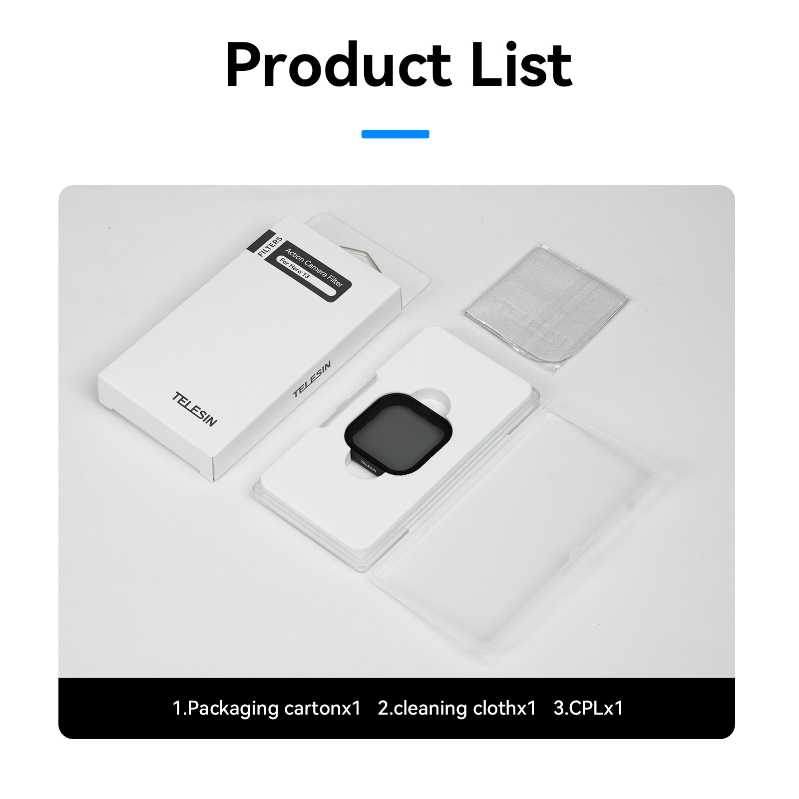 Productlijst met een witte verpakking, een schoonmaakdoekje en een CPL-camerafilter.