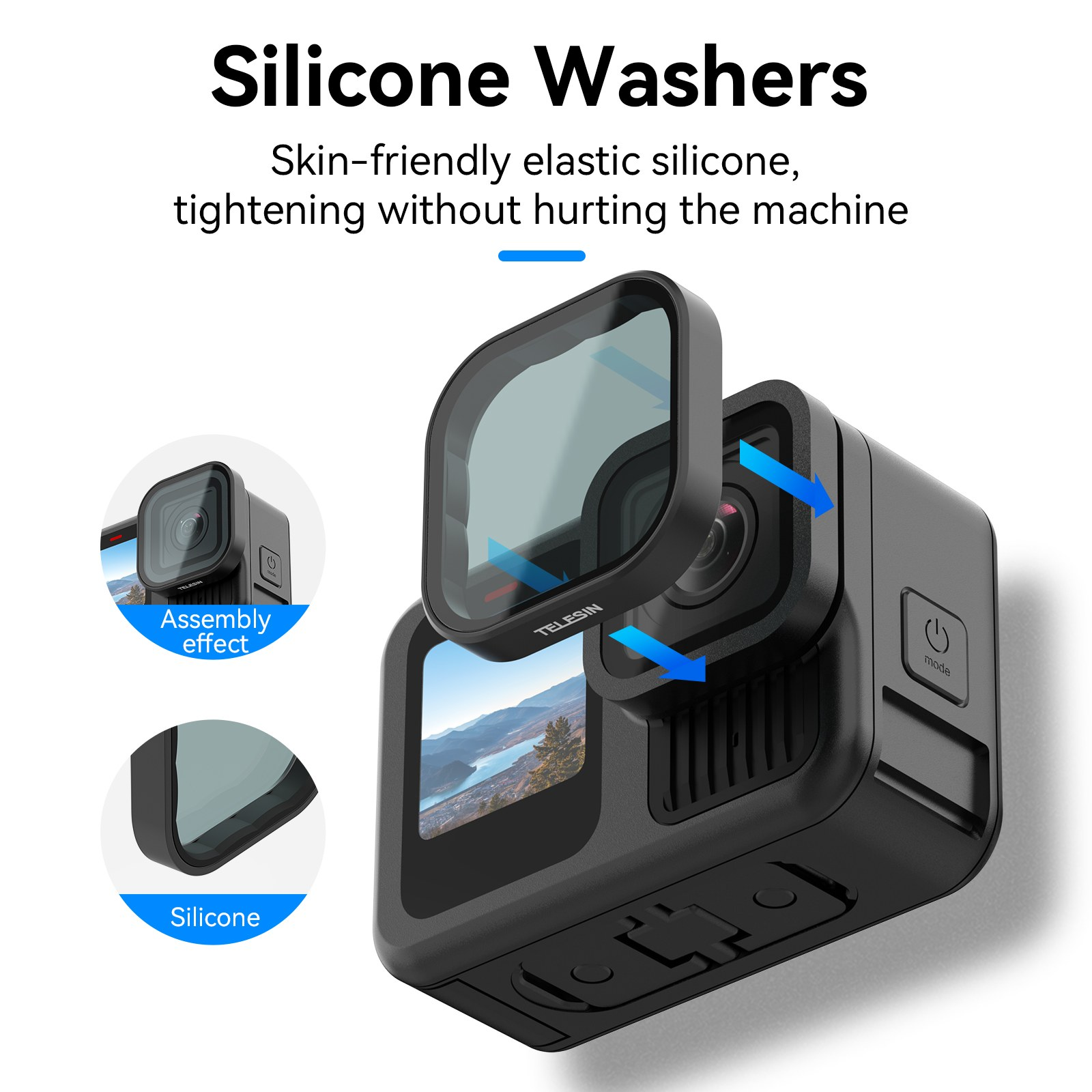 Productadvertentie met siliconen ringen voor actiecamera-lens en montage-instructies.
