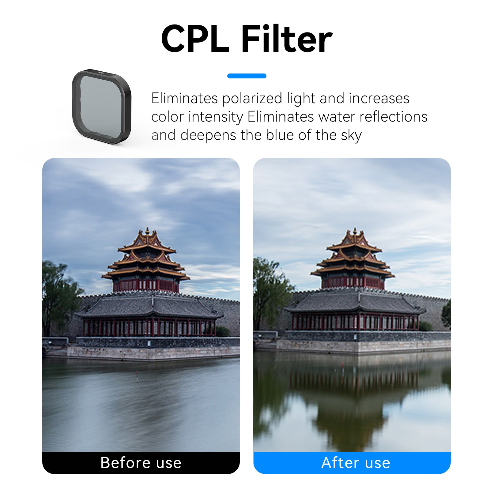 Vergelijkingsfoto's voor en na gebruik van een CPL-filter, dat waterreflecties vermindert en de kleurintensiteit vergroot.