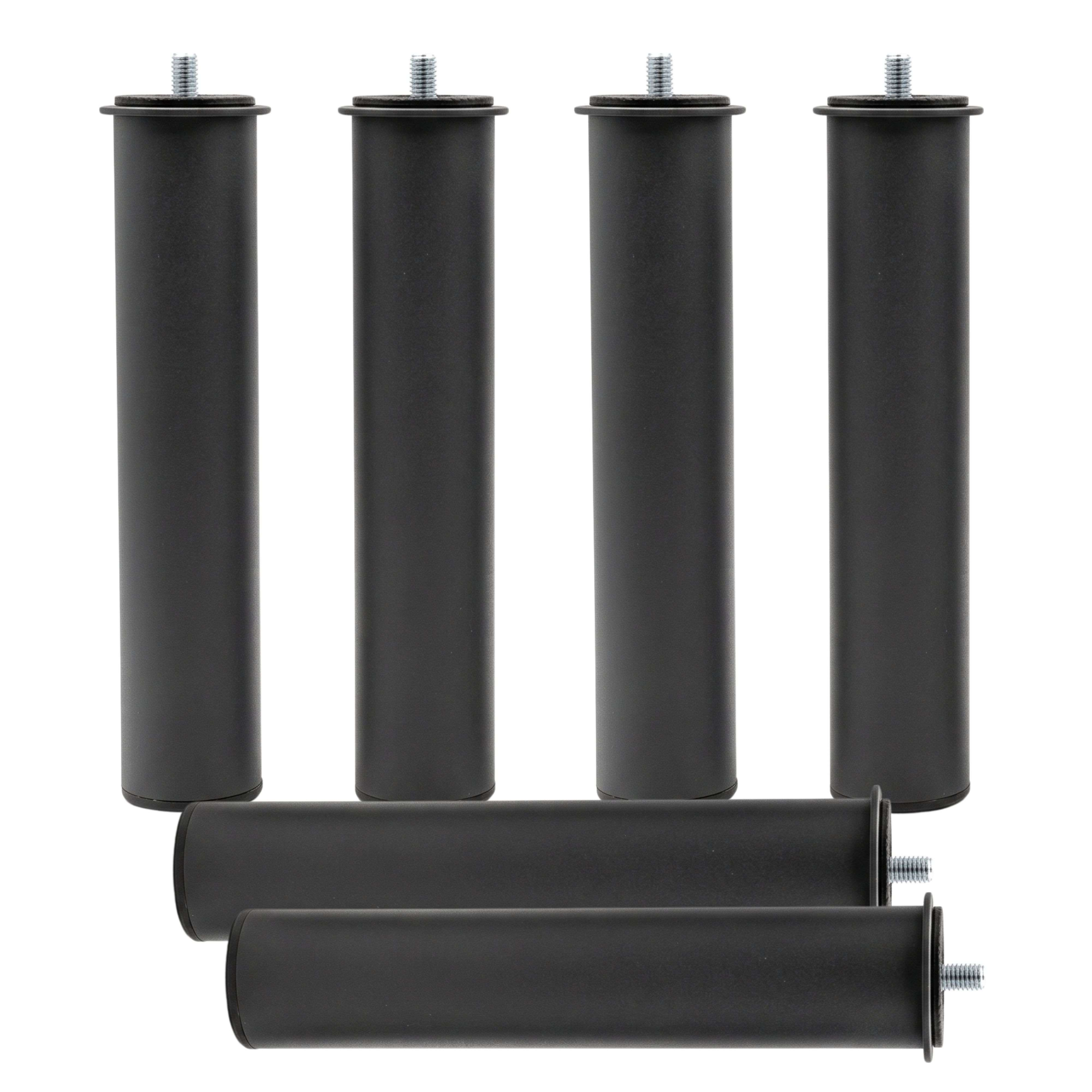 Seis patas de muebles cilíndricas negras con tornillos de metal.