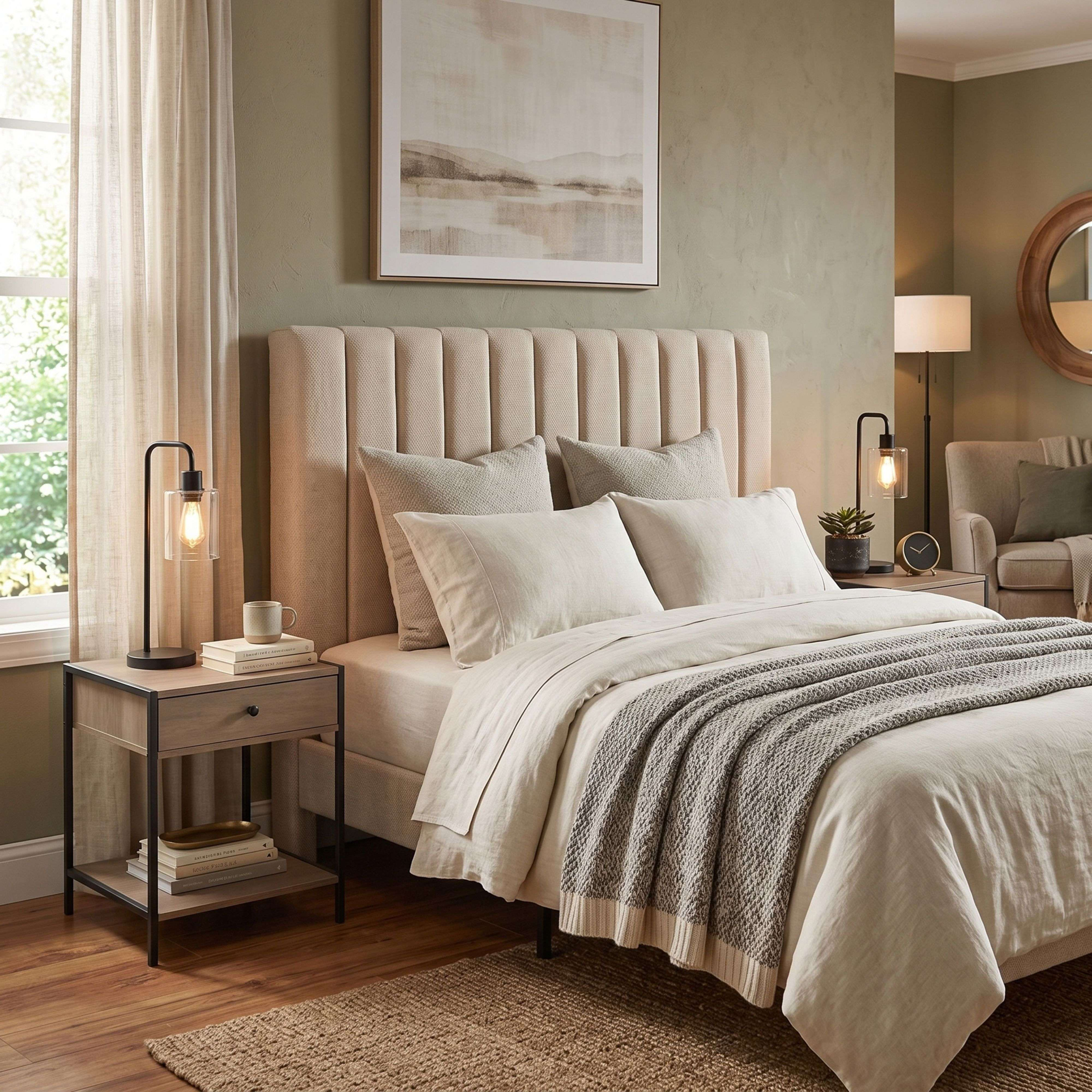 Acogedor dormitorio con cama tapizada en beige, mesitas de noche con lámparas y tonos tierra suaves.