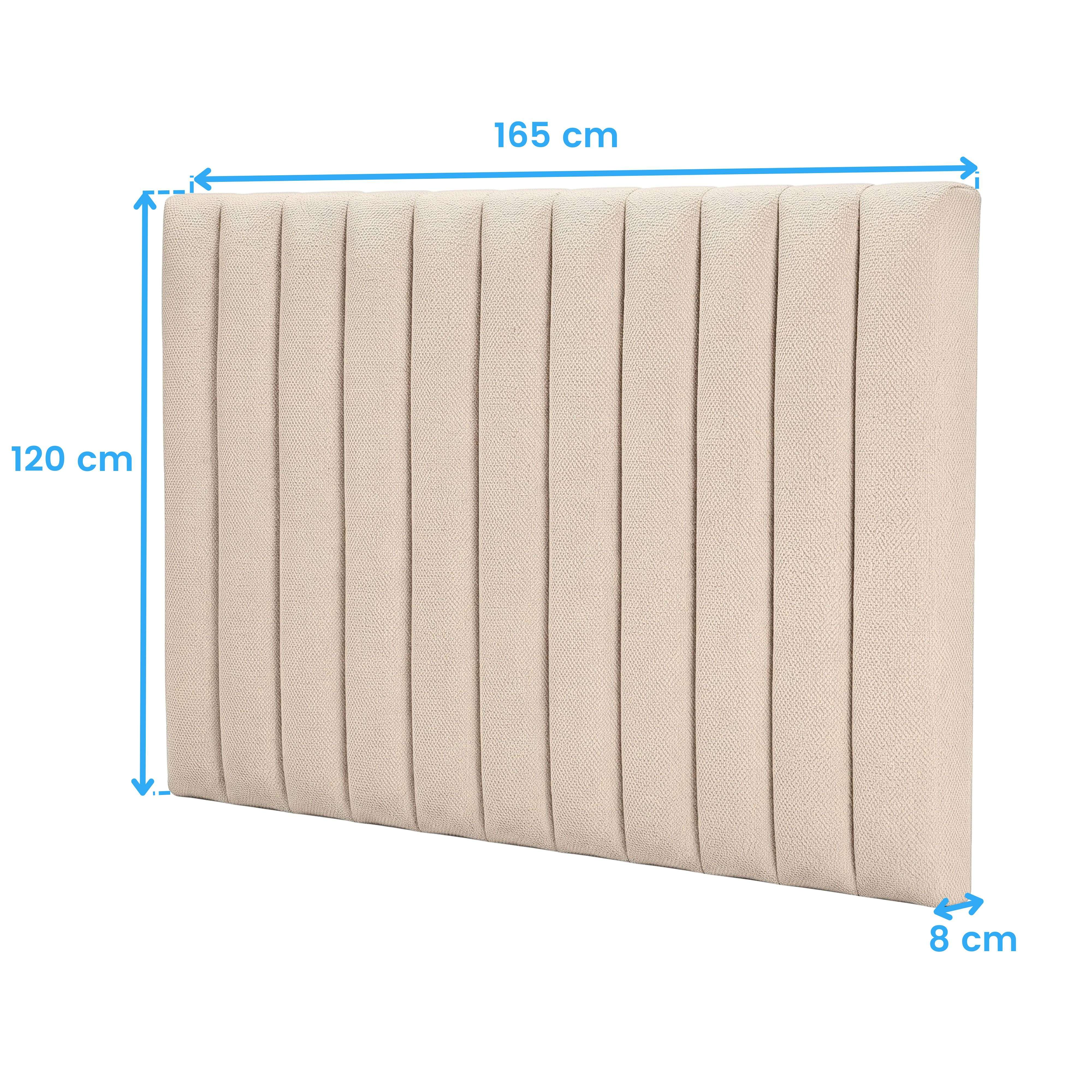 Cabecera acolchada verticalmente en color beige de 165 cm x 120 cm x 8 cm.