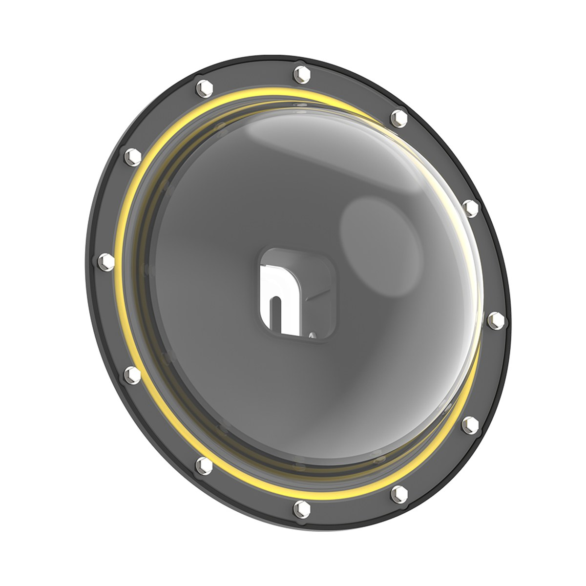 Ronde zwarte metalen kap met doorzichtige koepel en gele ring, vastgezet met meerdere bouten.