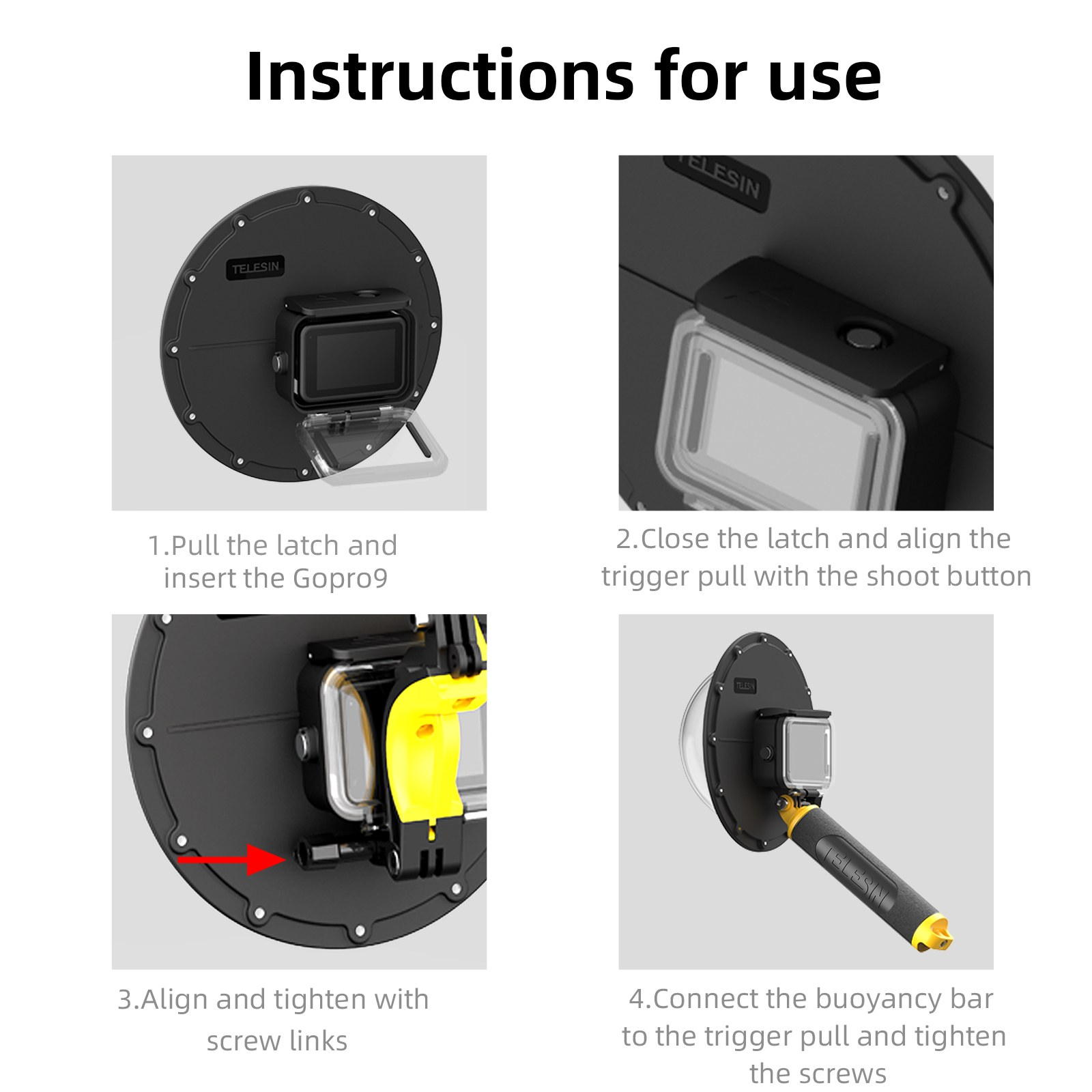 Stappenplan in vier stappen om een GoPro in een Telesin dome-behuizing met handgreep te plaatsen.