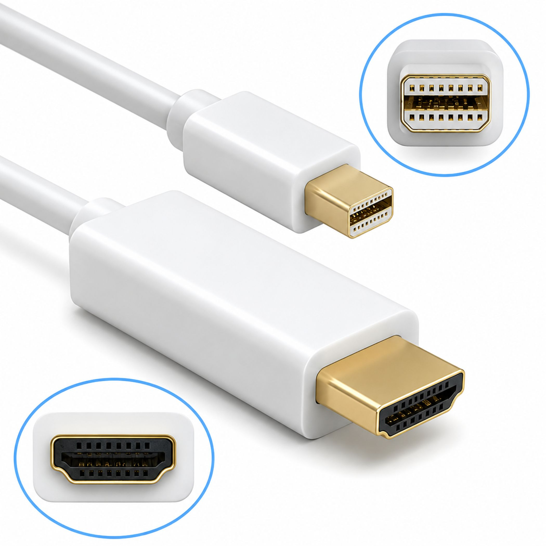 Weisses Kabel mit zwei goldenen Anschlüssen und Nahaufnahmen der Pins.