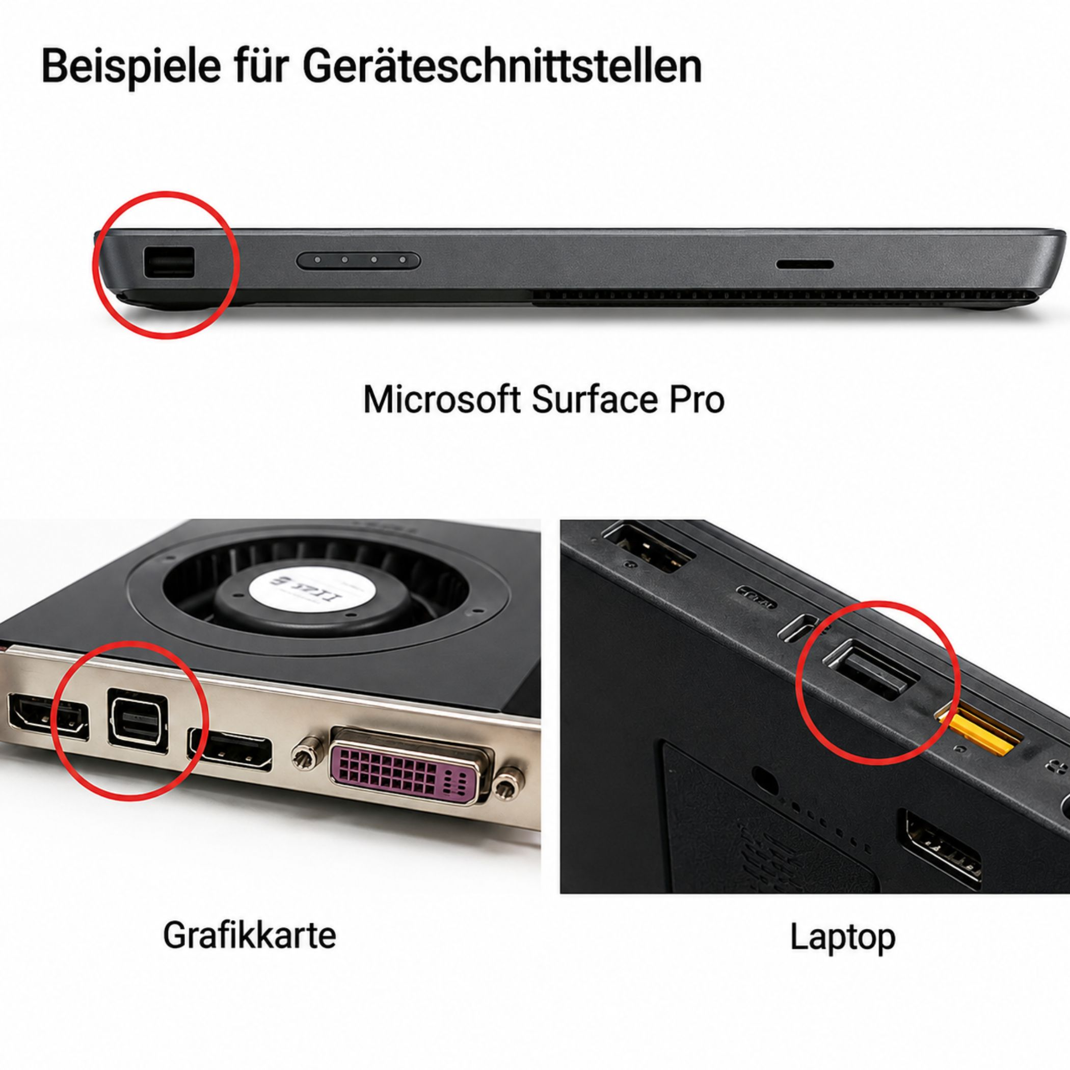 Beispiele für Geräteschnittstellen an einem Microsoft Surface Pro, einer Grafikkarte und einem Laptop mit roten Markierungen.
