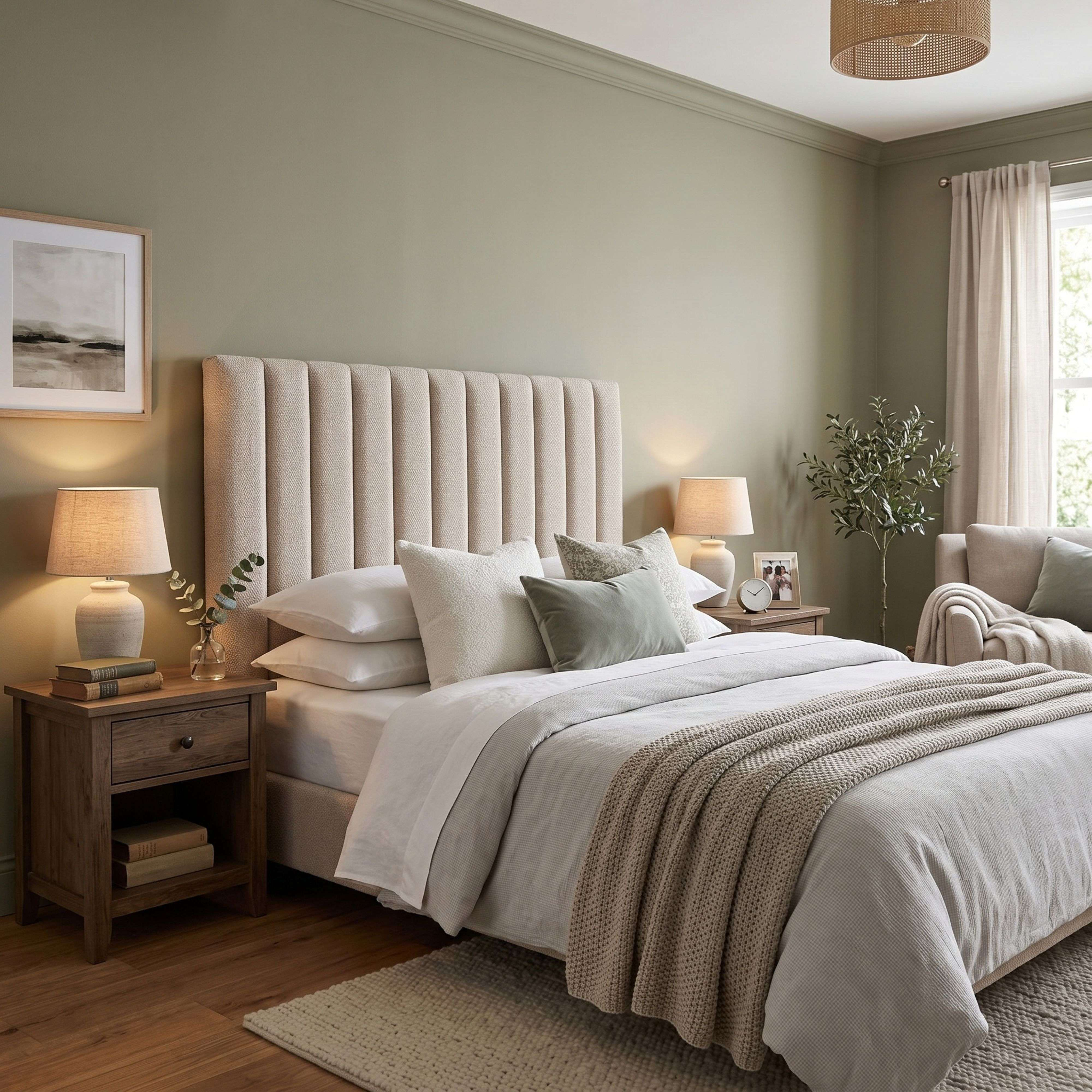 Dormitorio acogedor con cabecero tapizado beige, ropa de cama blanca, manta de punto y mesitas de noche.