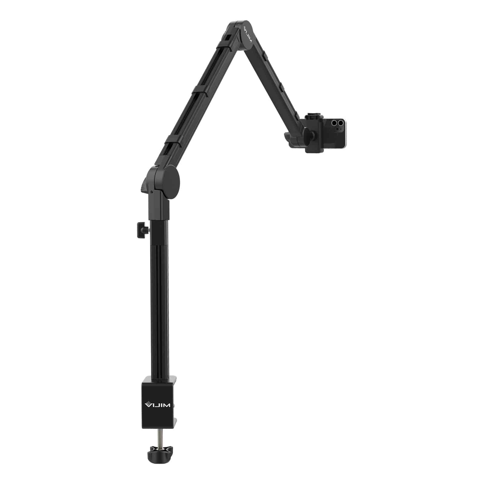 Un bras de bureau noir et réglable avec une pince maintenant un smartphone sur un fond blanc.