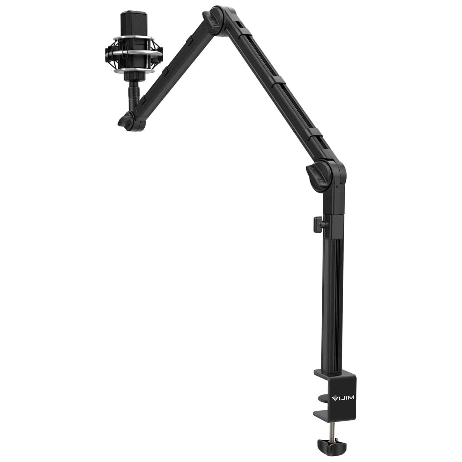 Un bras de microphone noir réglable avec une pince de bureau et un microphone monté.