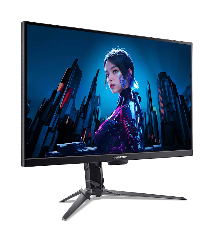 Un monitor da gioco Predator nero con supporto e un'immagine in stile cyberpunk sullo schermo.
