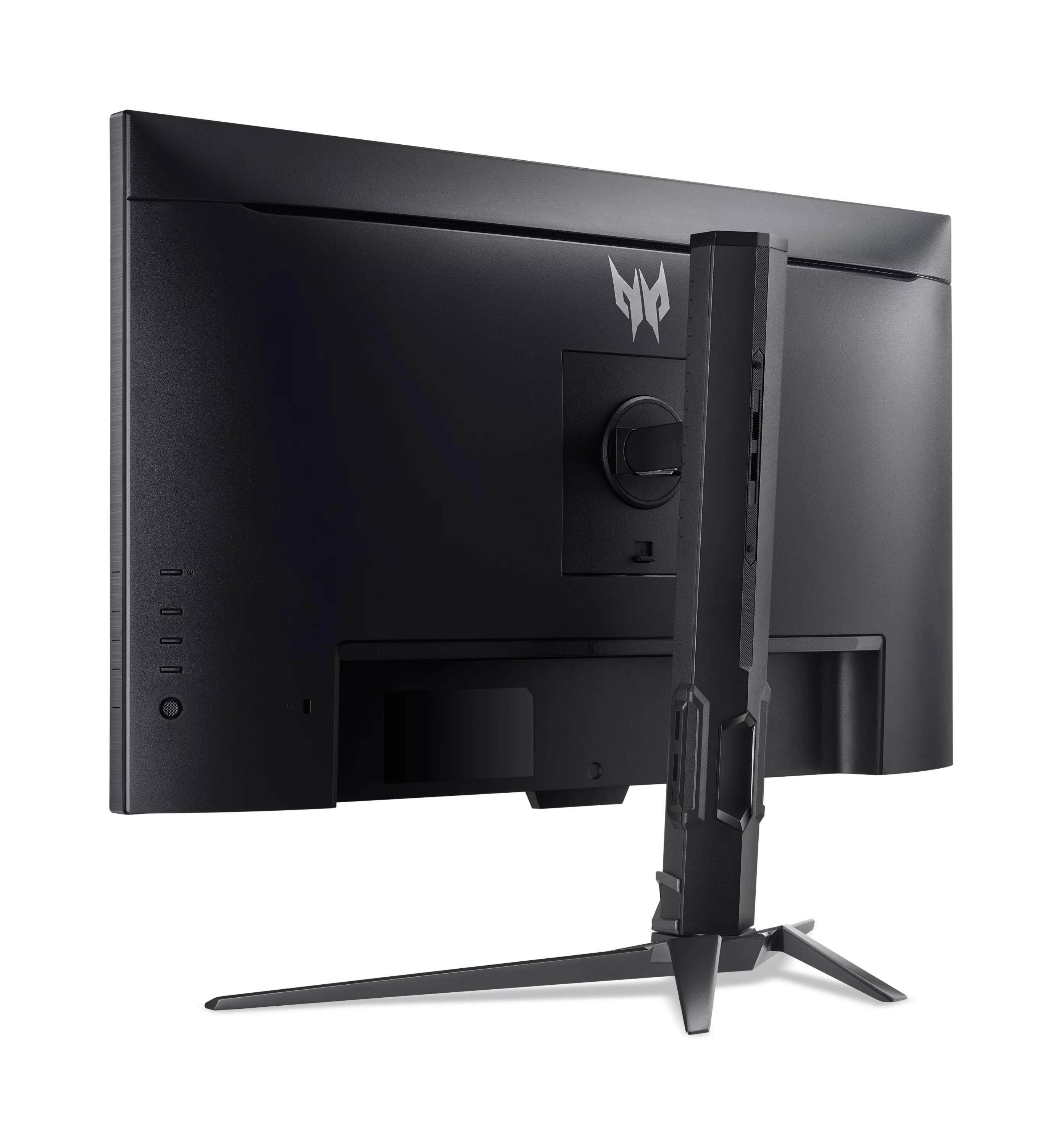 Vista posteriore di un monitor per computer nero con supporto robusto e logo, isolato su bianco.