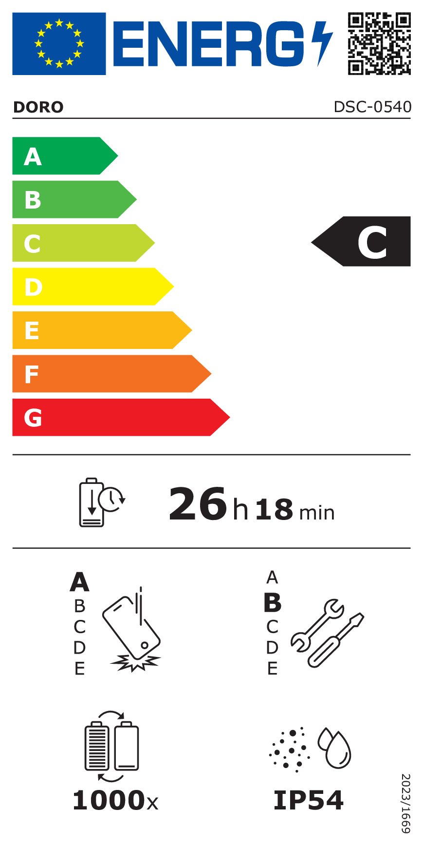 Etichetta energetica classe C, 26h 18min di autonomia, 1000 cicli e grado IP54.