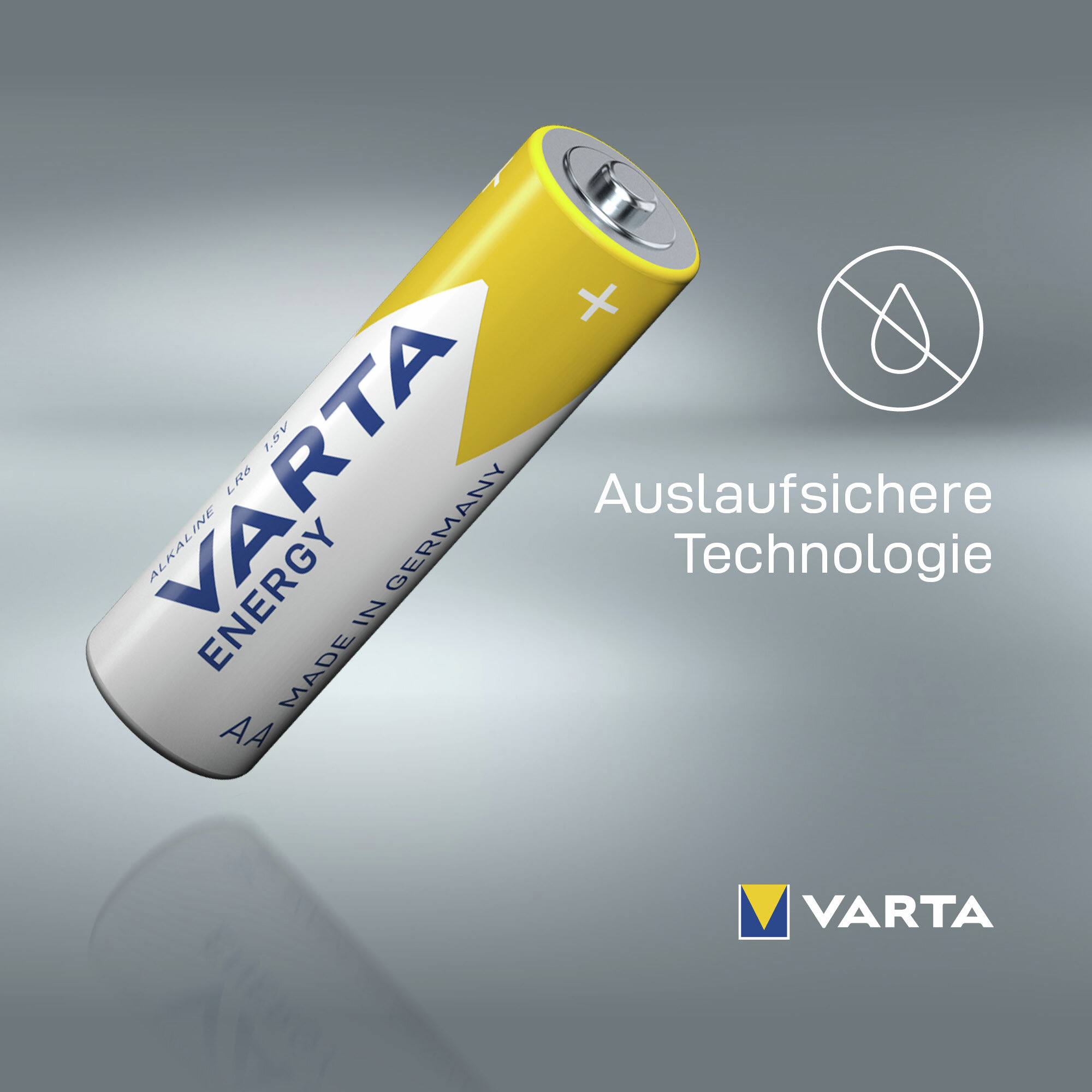 Eine gelb-weiße Varta AA-Batterie mit Text Auslaufsichere Technologie vor grauem Hintergrund.