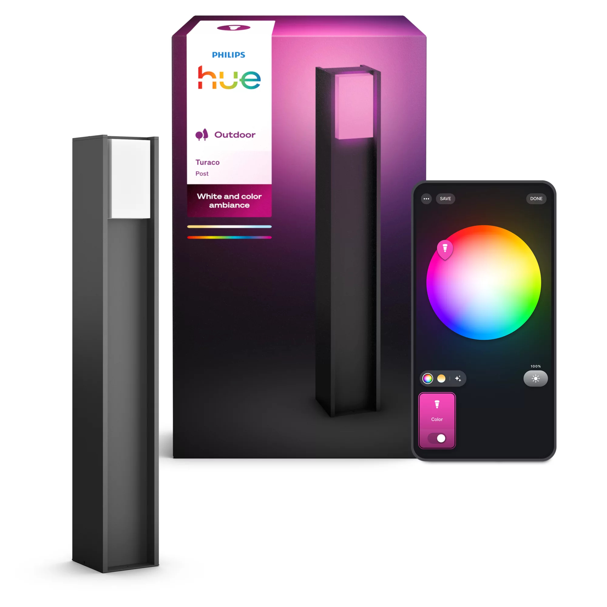 Paletto da esterno Philips Hue Turaco con scatola e app per smartphone per il controllo dei colori.
