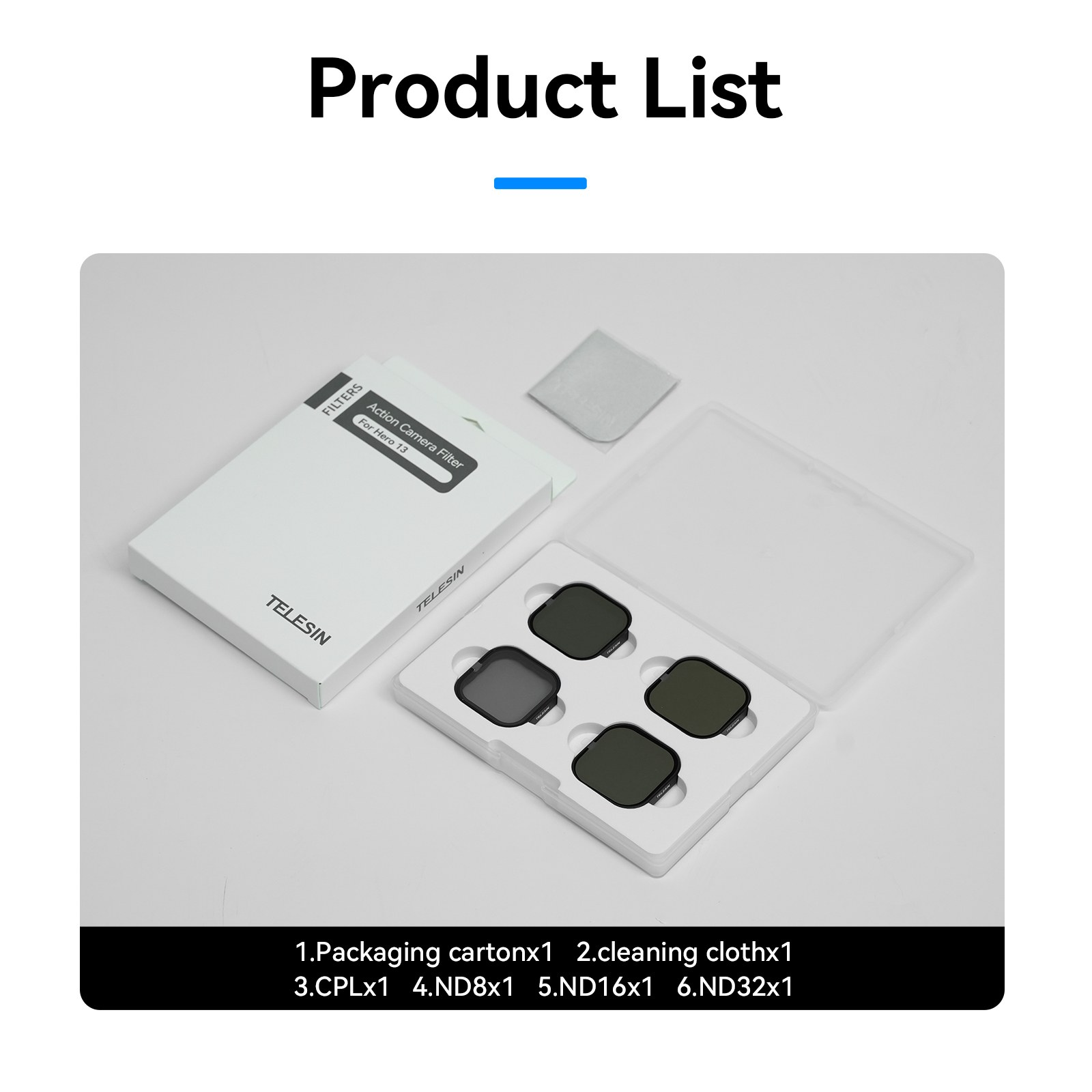 Productlijst met een Telesin actiecamera filterset inclusief verpakking, schoonmaakdoekje en vier ND-filters.