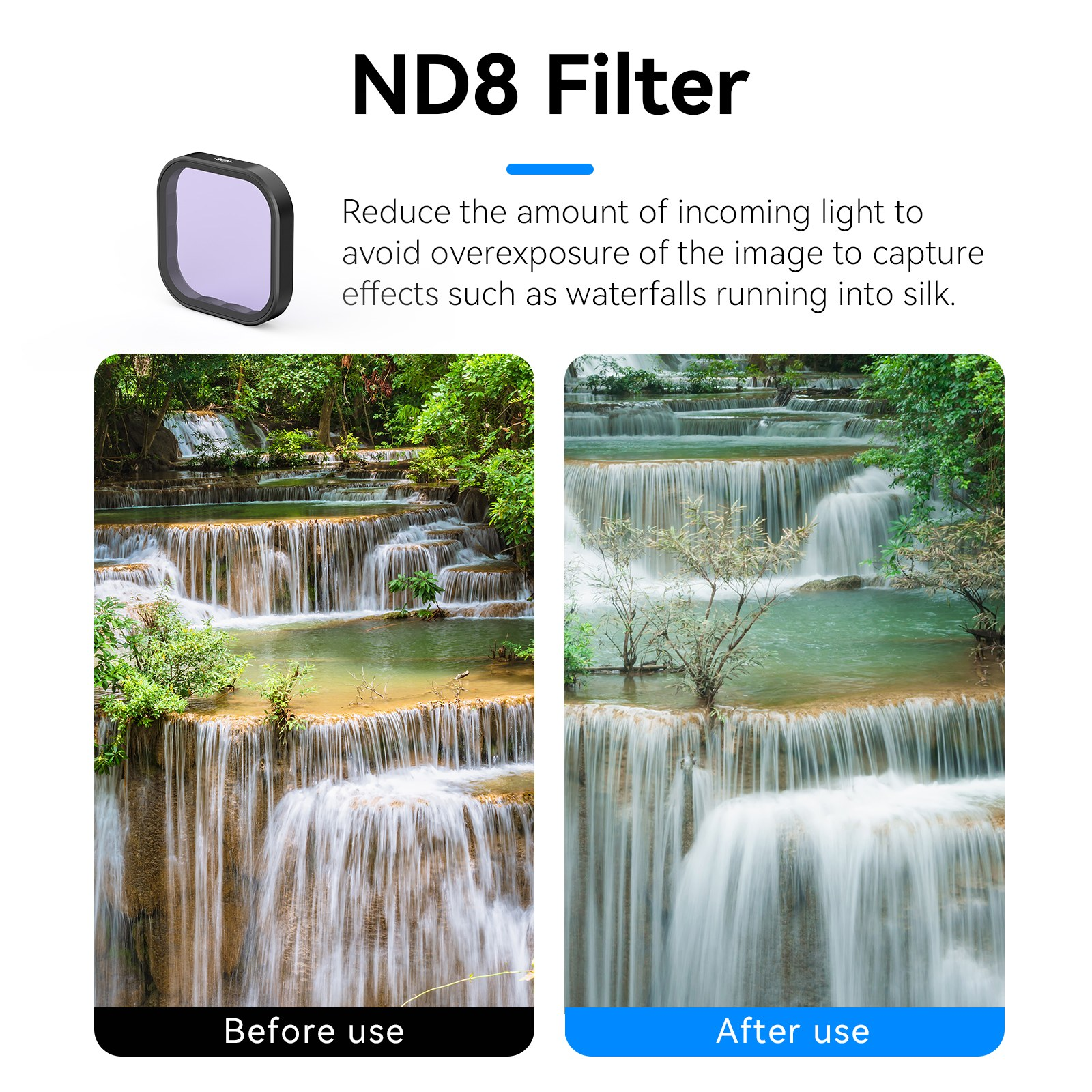 Een ND8 filter advertentie toont een waterval voor en na gebruik met zijdeachtig effect.