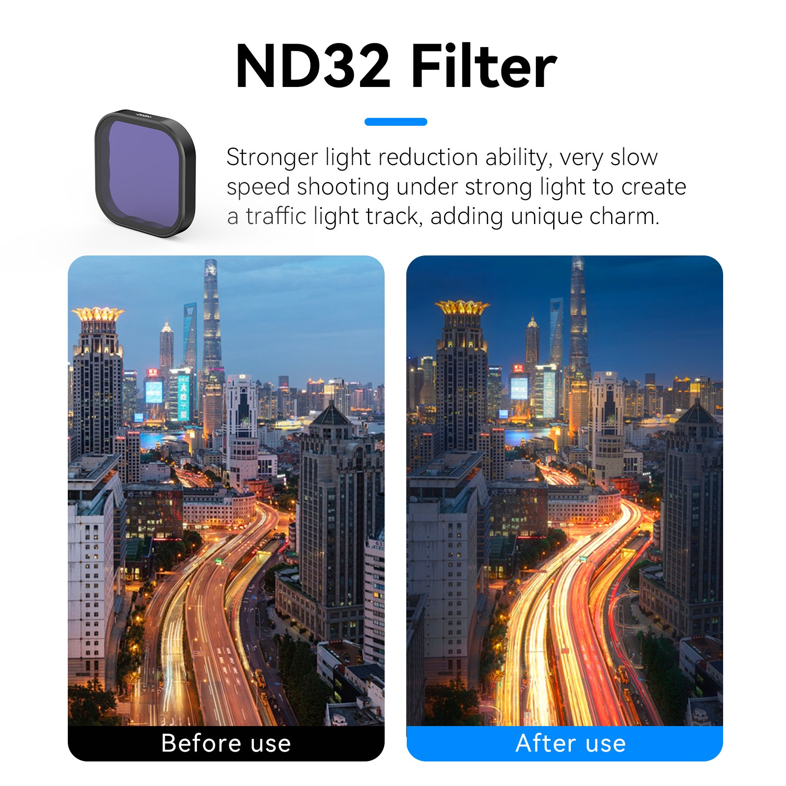Vergelijking van stadsgezichten voor en na gebruik van een ND32-filter met lichtsporen.