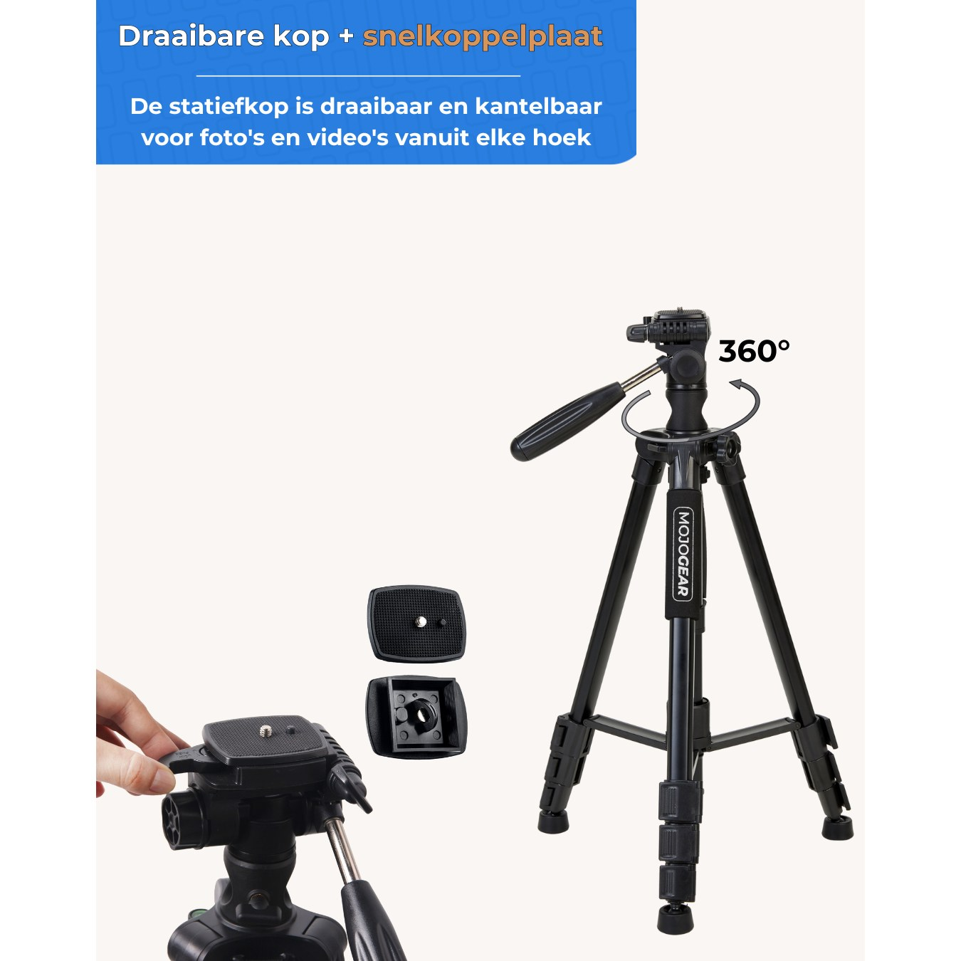 Un trépied noir avec tête rotative à 360 degrés et plateau rapide sur fond clair.