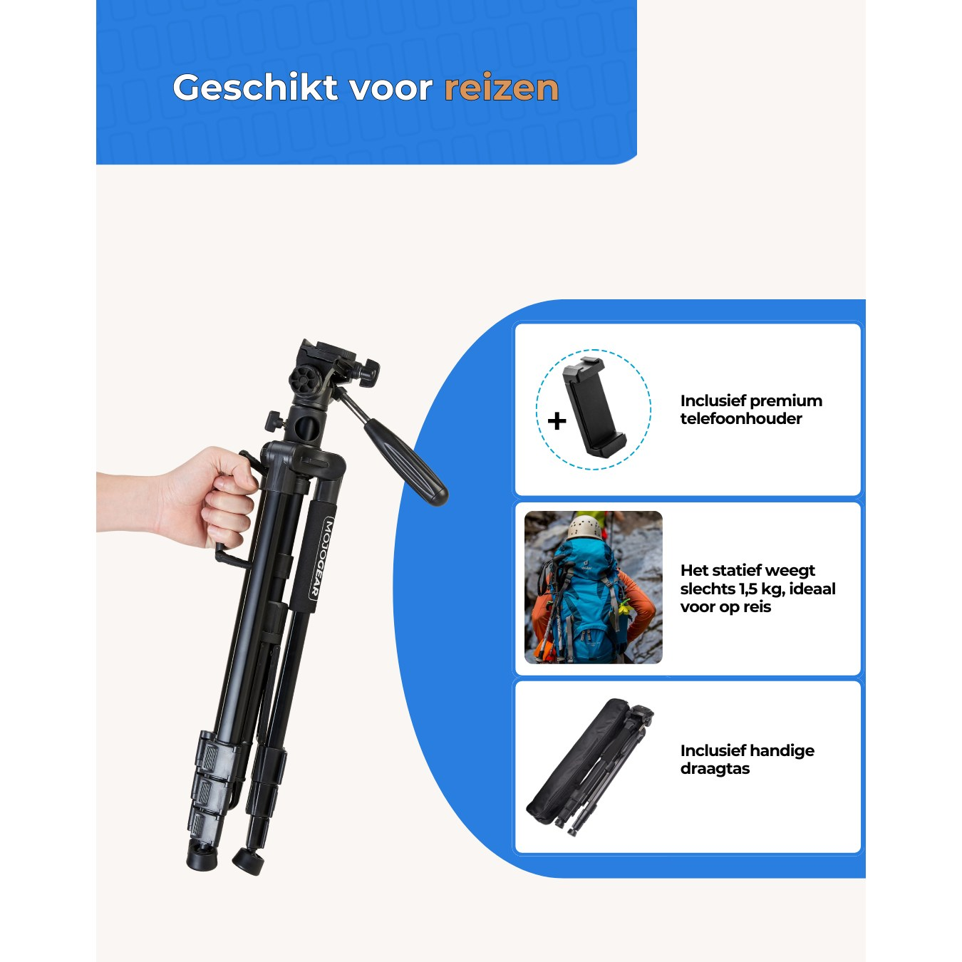 Un trépied de voyage noir avec support de téléphone, sac à dos et housse.