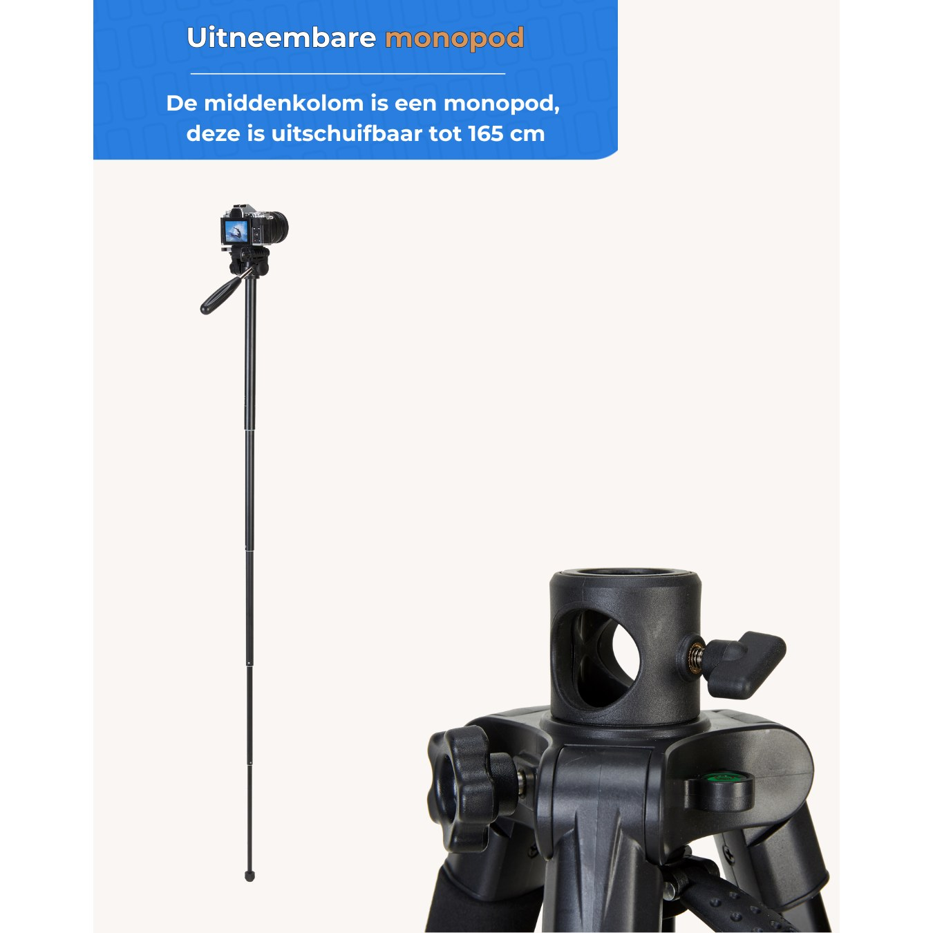 Un monopode de caméra noir extensible jusqu'à 165 cm, affiché à côté d'une base de trépied.