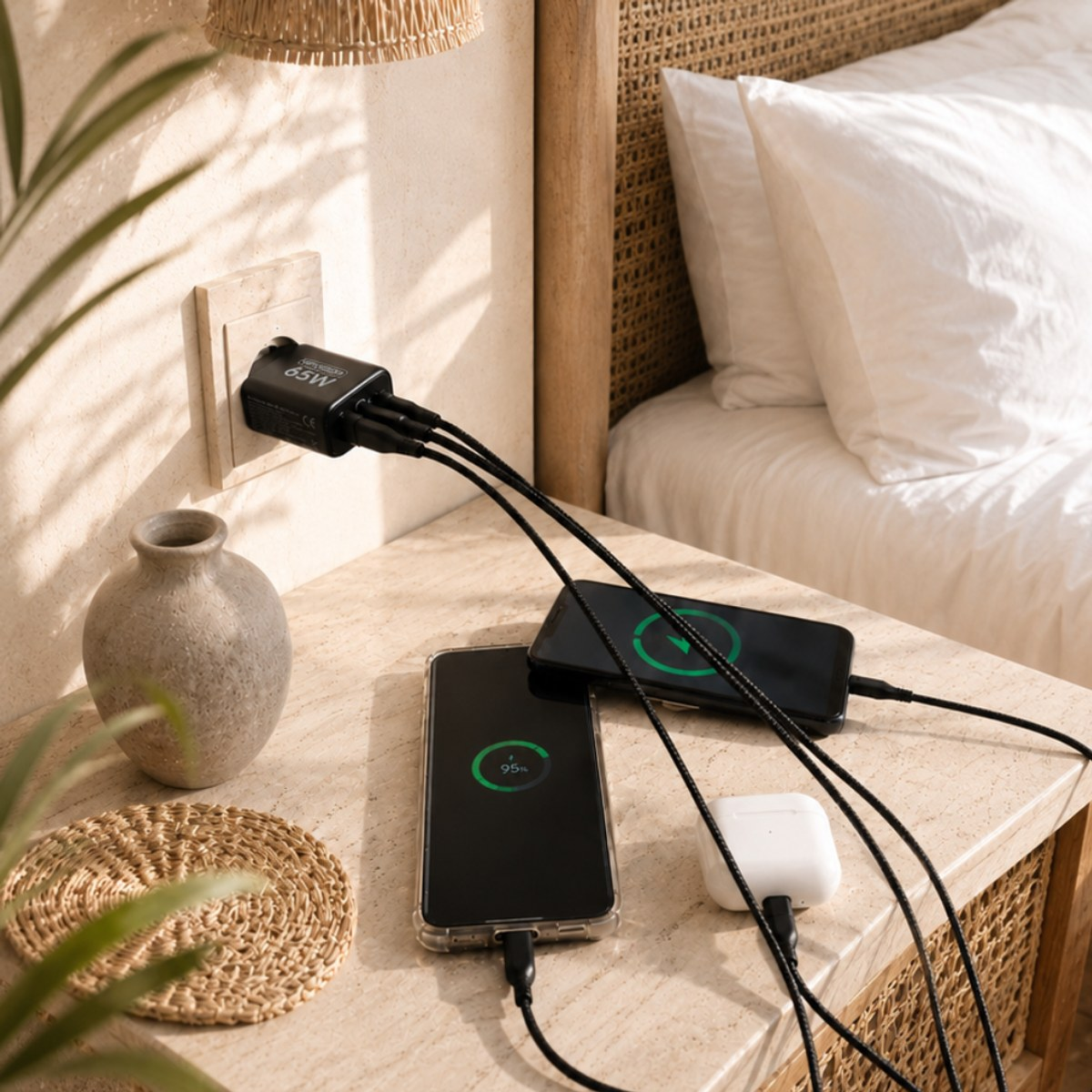 Un chargeur 65W dans une prise murale alimente deux smartphones et des écouteurs sur une table de chevet.
