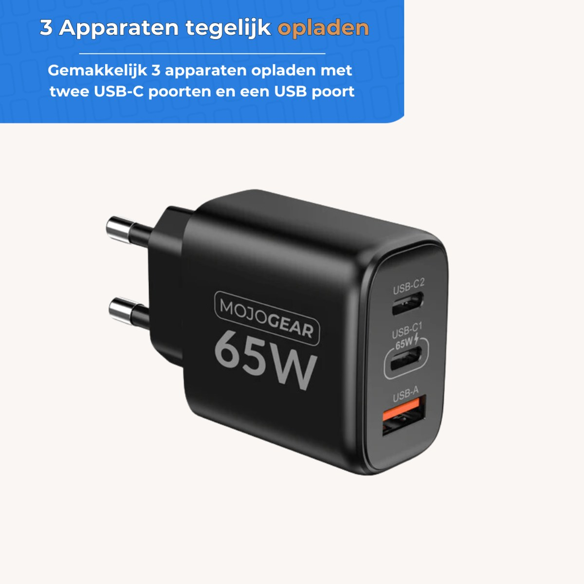 Un chargeur mural noir MojoGear 65W avec deux ports USB-C et un port USB-A.