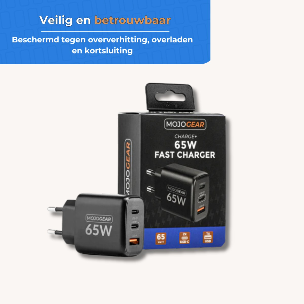 Chargeur rapide MojoGear 65W dans un boîtier noir devant son emballage, avec du texte en bleu au-dessus.