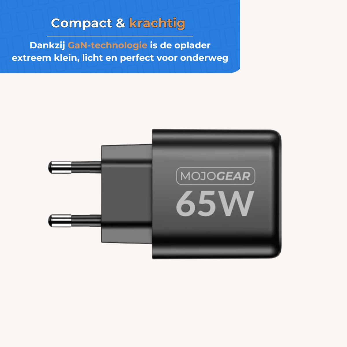 Chargeur GaN MojoGear 65W noir avec prise EU sur fond clair et bannière publicitaire bleue.