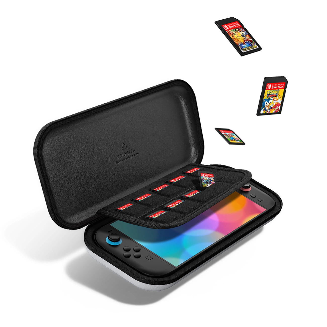 Una custodia nera aperta con slot per schede, una console all'interno e tre schede di gioco fluttuanti.