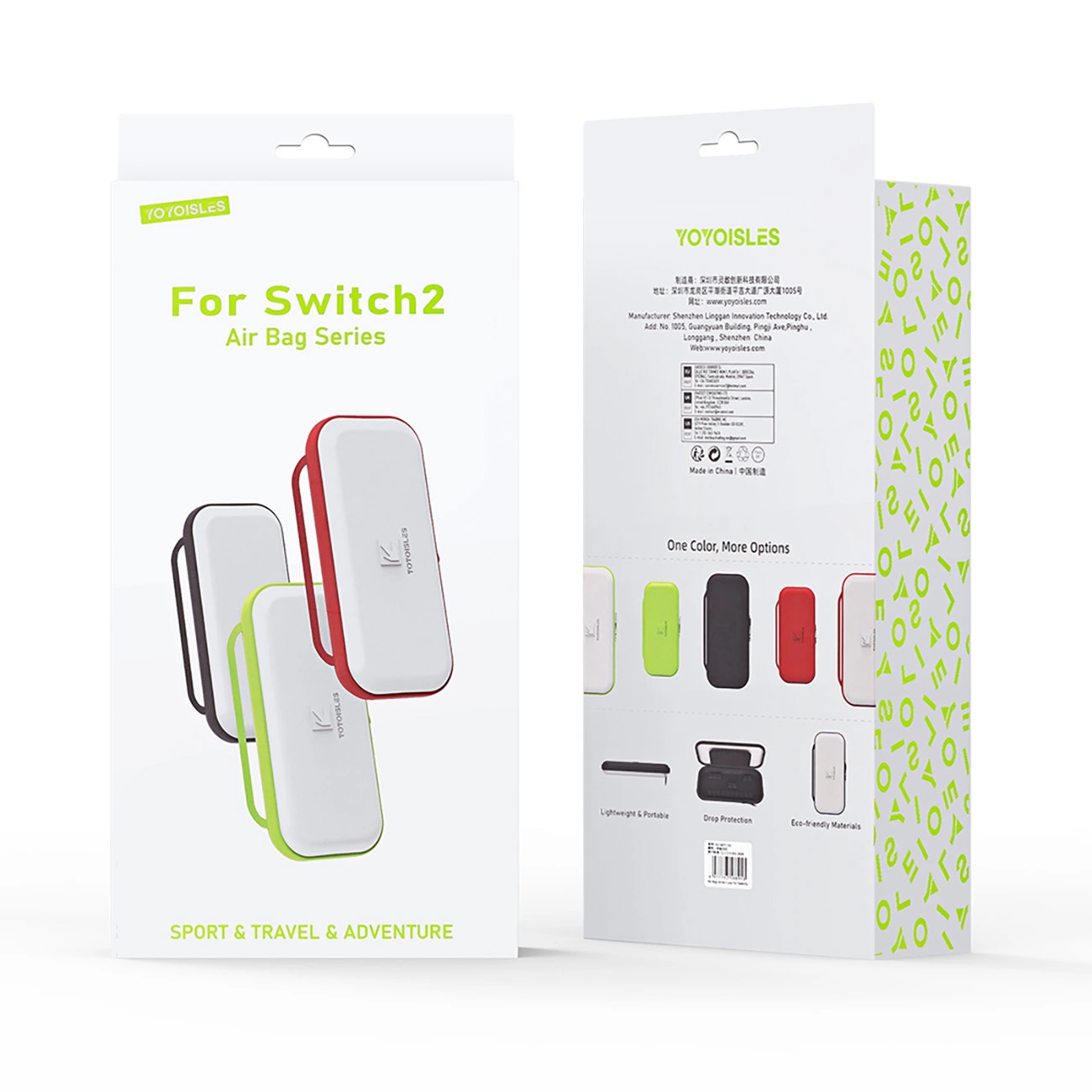 Confezione del prodotto per Switch2 Air Bag Series con custodie e dettagli colorati.