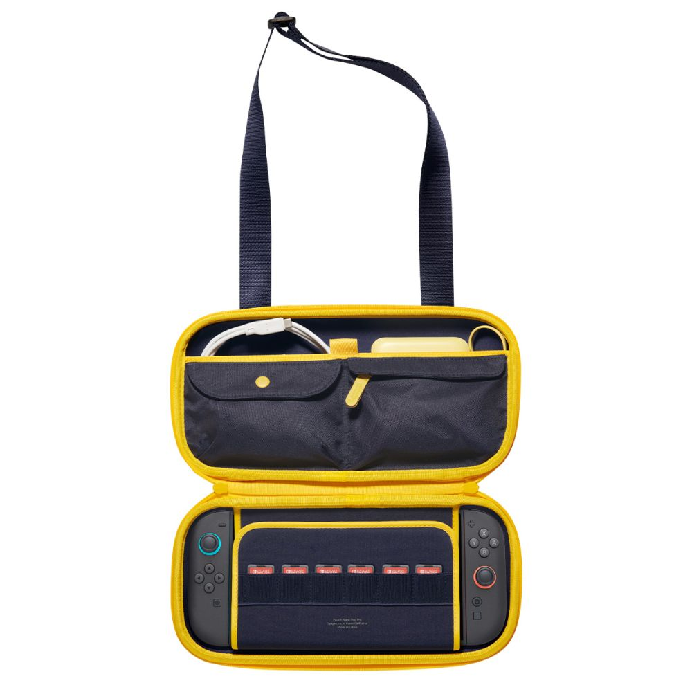 Borsa a tracolla gialla e nera per Nintendo Switch con cavo e porta cartucce.