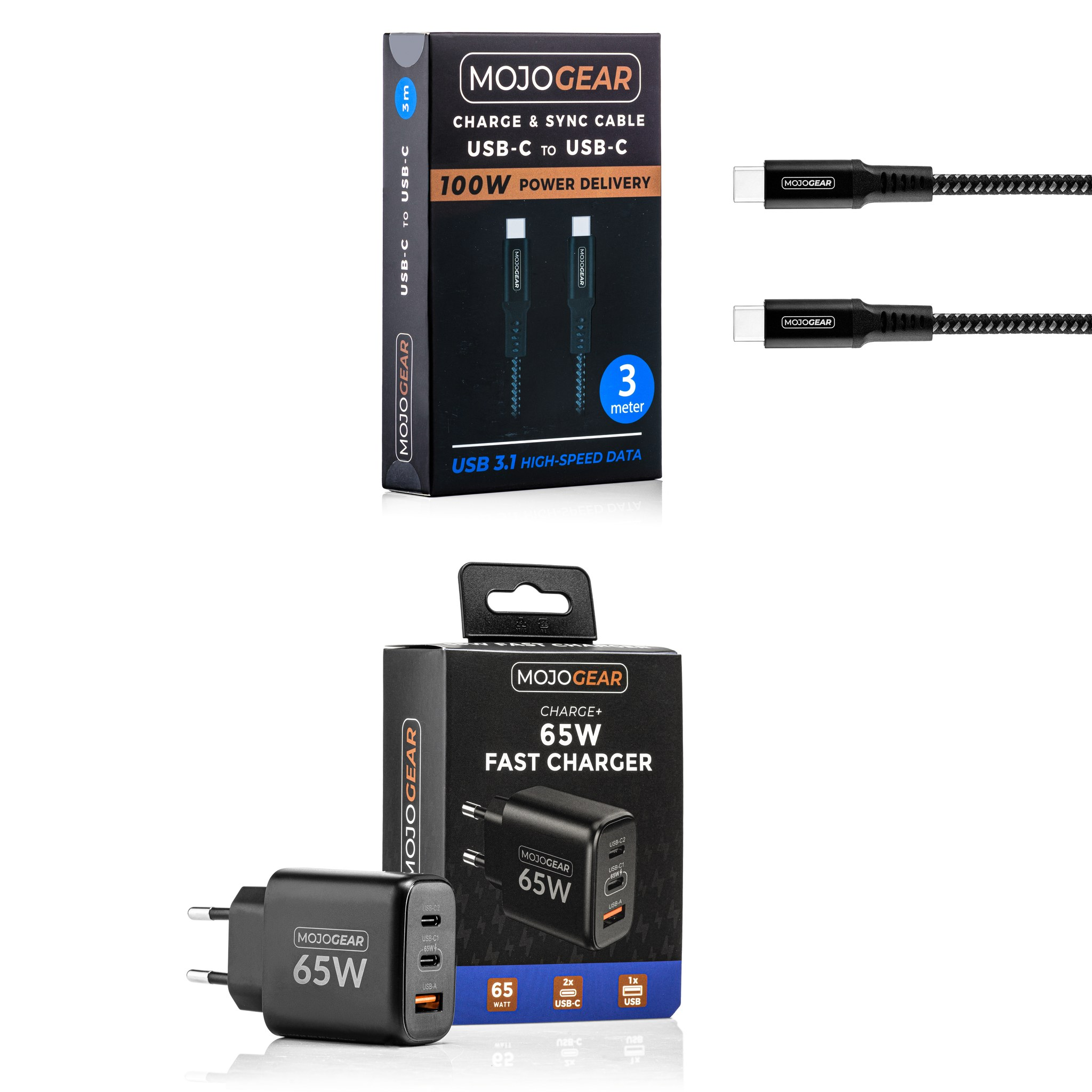 Câble USB-C MojoGear et chargeur rapide 65W avec emballage.