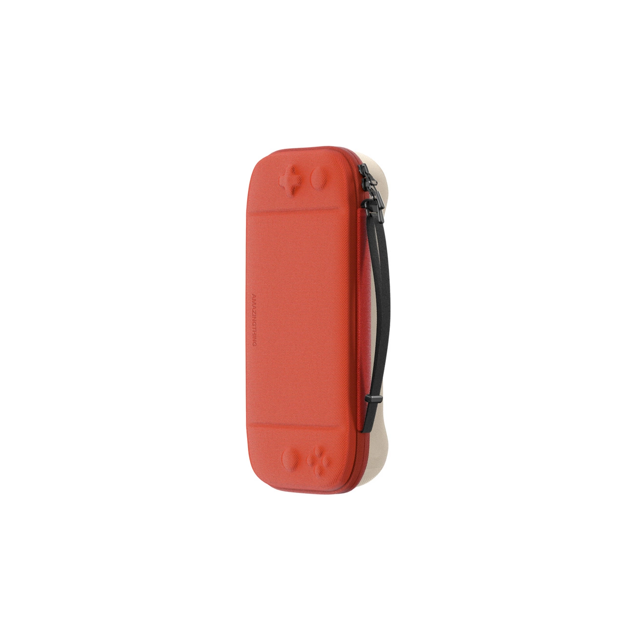 Una custodia per console portatile rossa e beige con cinturino nero si trova verticalmente su sfondo bianco.