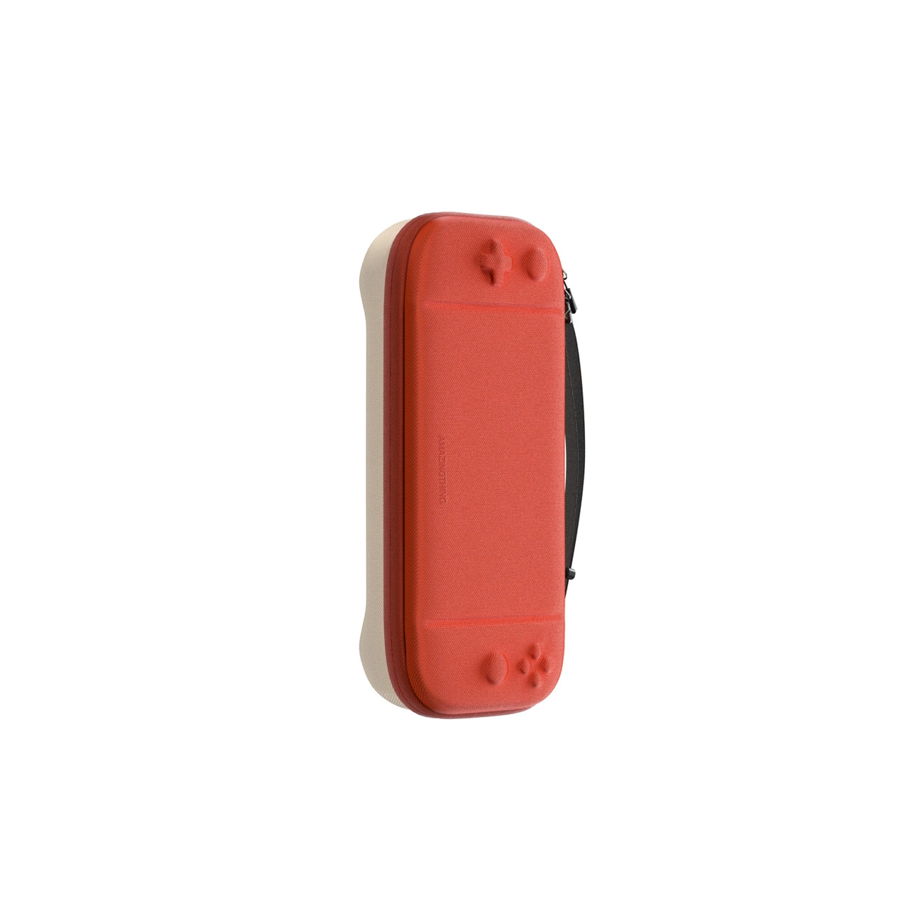 Custodia rigida per console rossa e beige con cinturino nero su sfondo bianco.