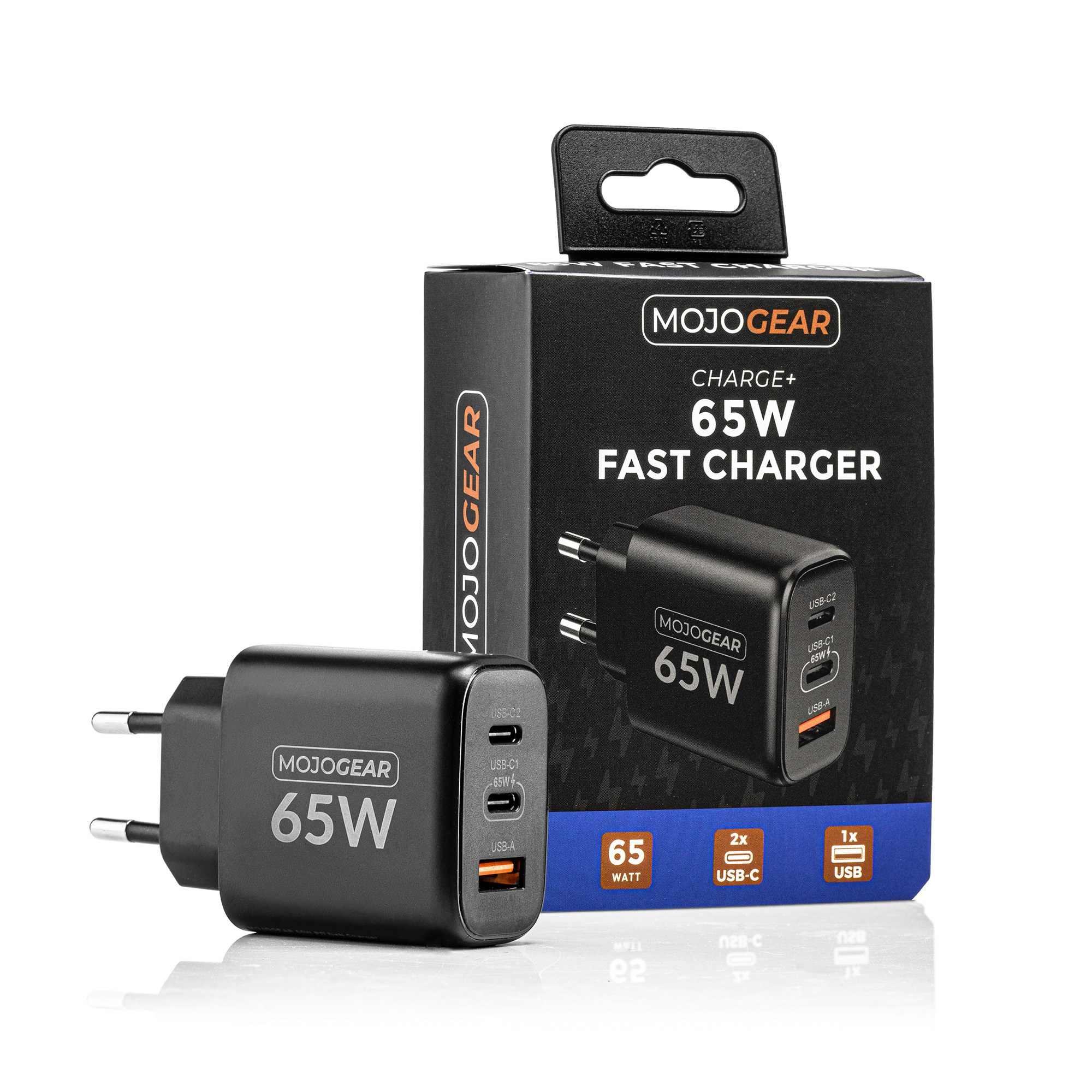 Chargeur rapide noir MojoGear 65W avec deux ports USB-C et un port USB-A, devant sa boîte d'emballage.