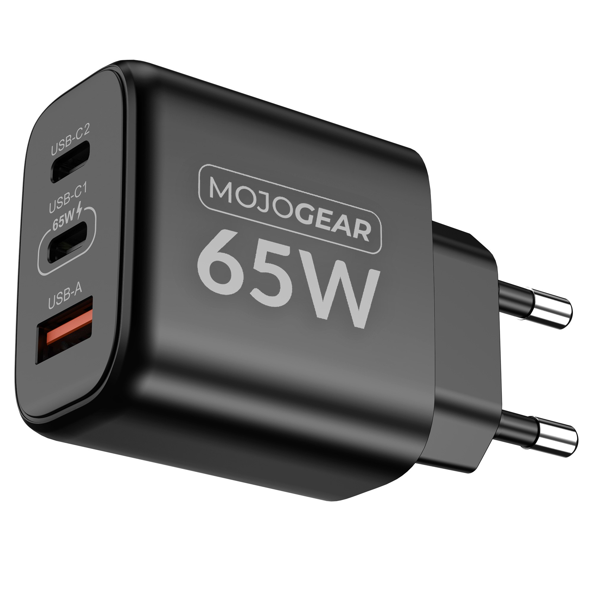 Chargeur USB noir Mojogear 65W avec deux ports USB-C et un port USB-A.