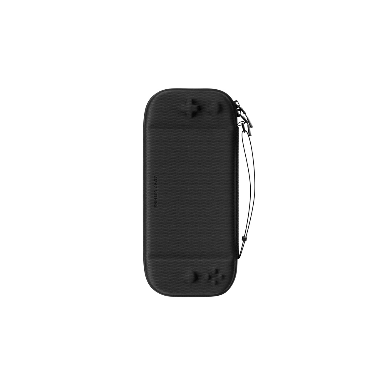 Una custodia protettiva nera per console portatile, con forme di controller modellate e cinturino da polso.