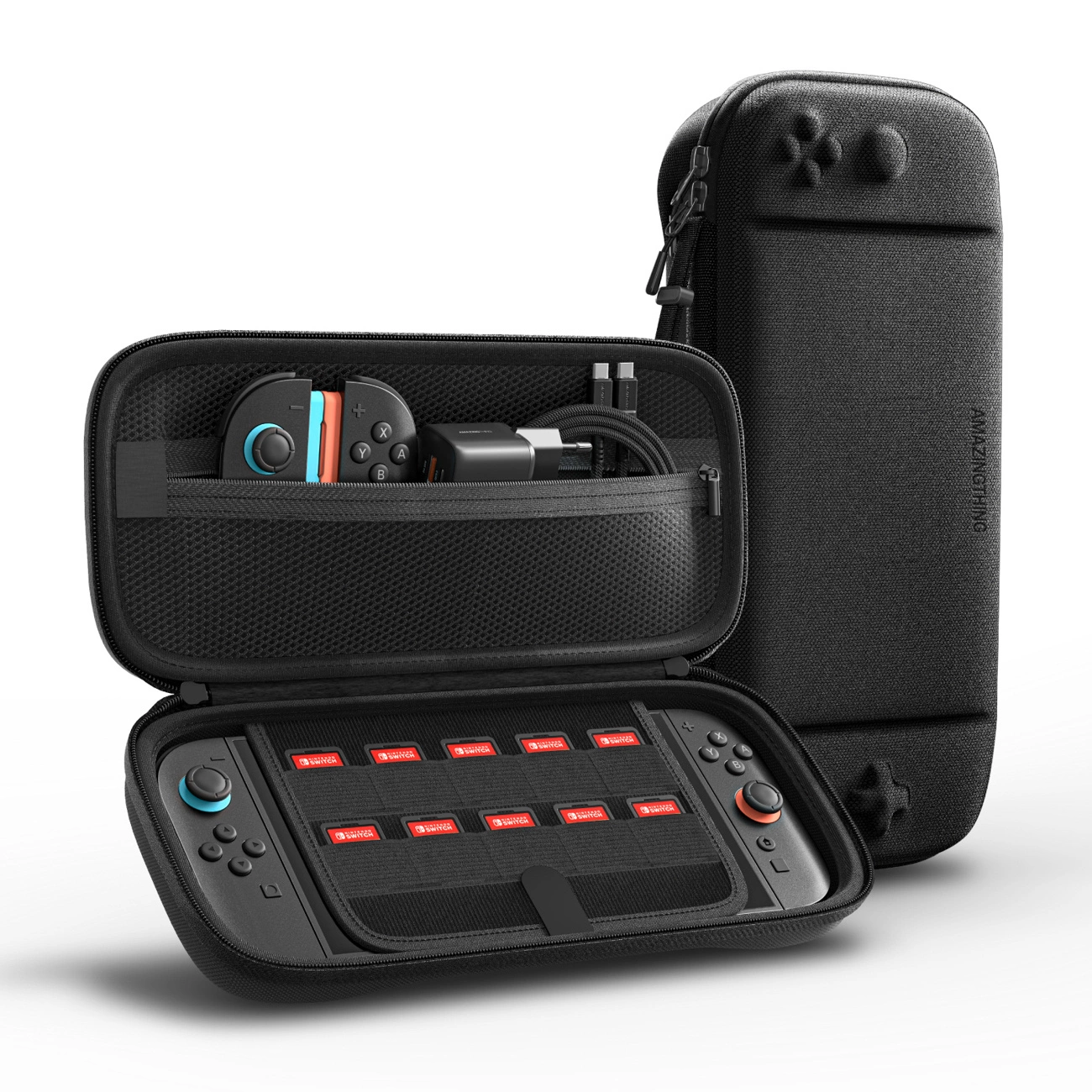 Custodia nera per Nintendo Switch, aperta con console e accessori, e una custodia chiusa accanto.