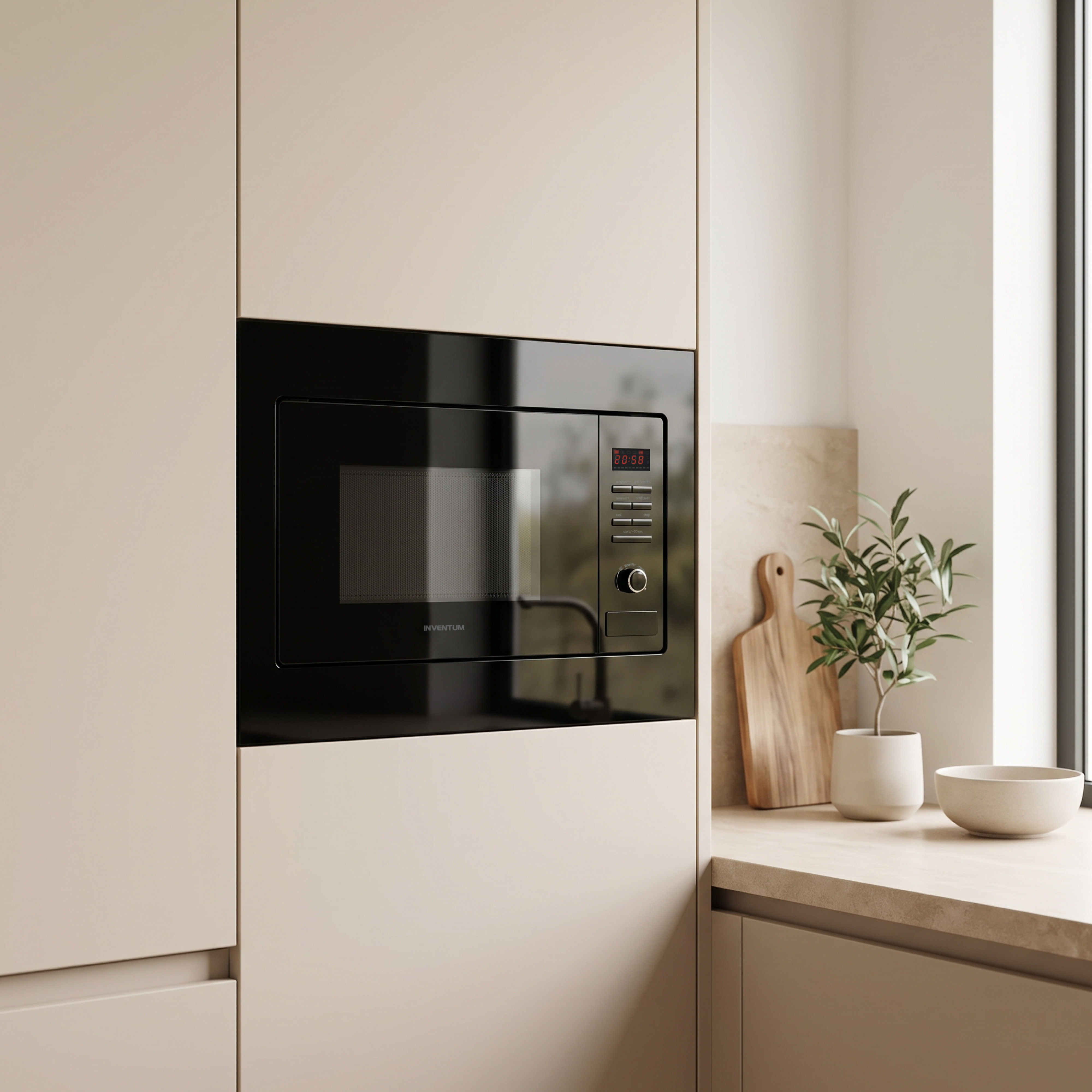 Un micro-ondes noir encastré dans une cuisine beige moderne près d'une fenêtre avec plante.