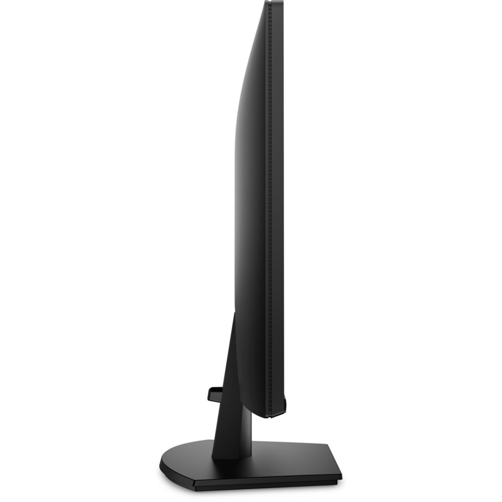 Un monitor de ordenador negro mostrado desde un perfil lateral directo sobre fondo blanco.