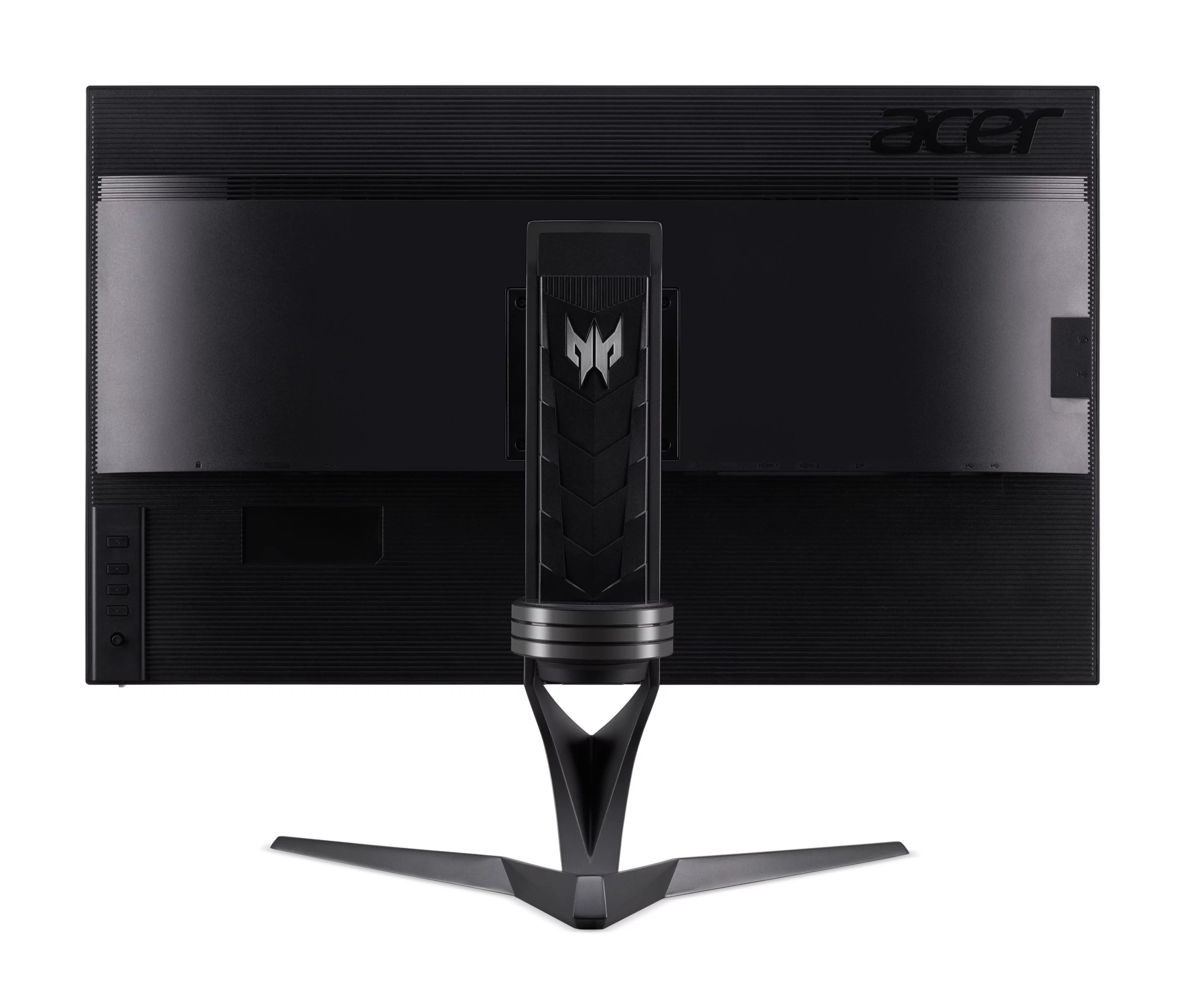 Vista posteriore di un monitor Acer nero con supporto ergonomico e logo.