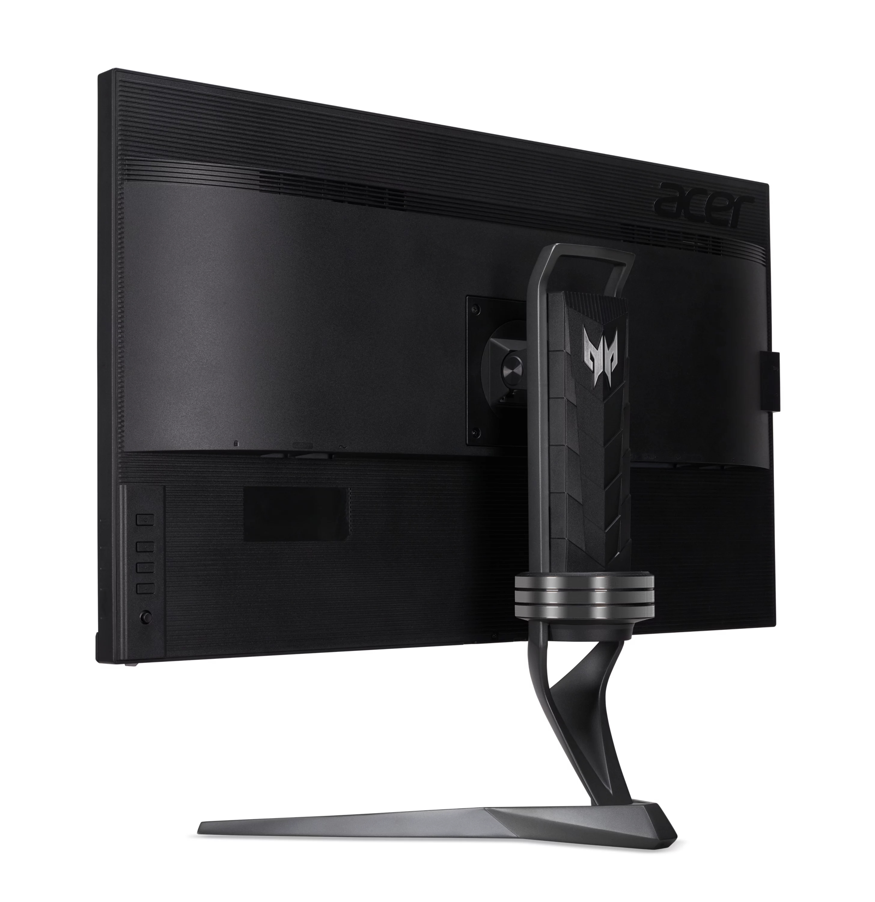 Vista posteriore di un monitor Acer nero con supporto ergonomico su sfondo bianco.