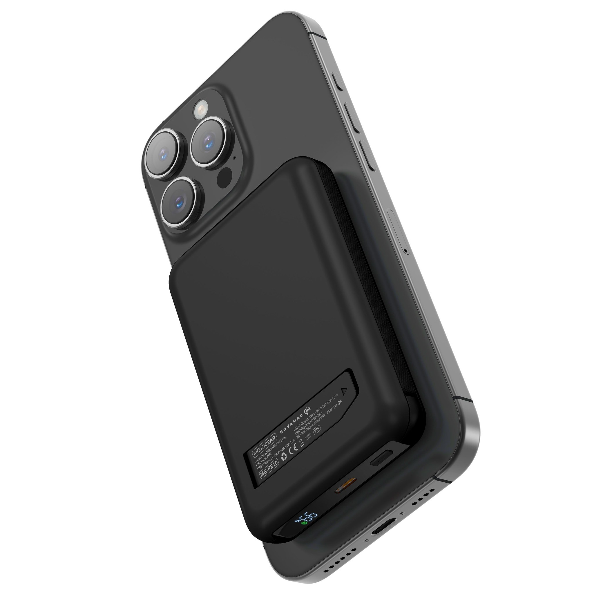 Eine schwarze Powerbank ist magisch an der Rückseite eines grauen Smartphones befestigt.